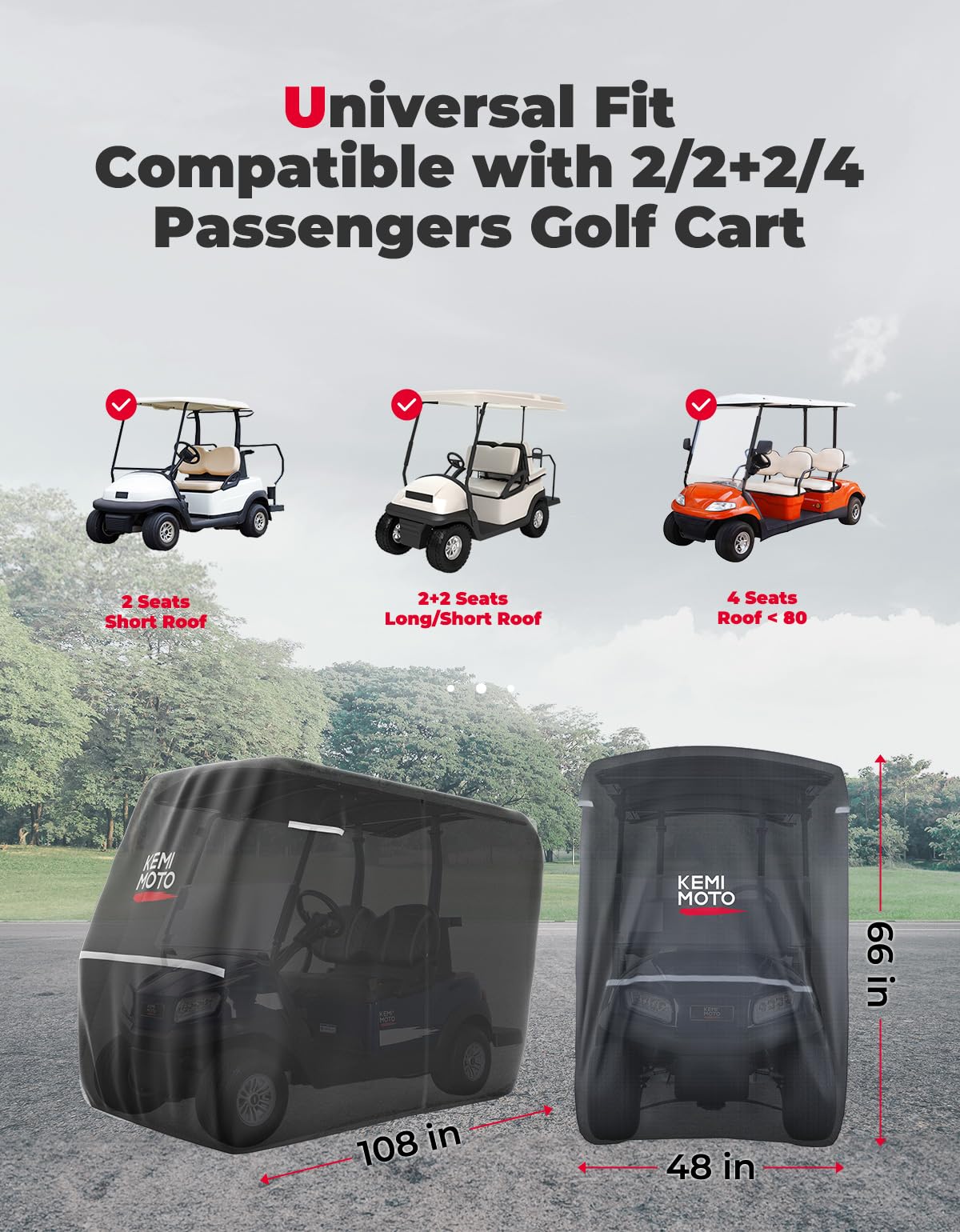 KEMIMOTO 600D Waterproof Golf Cart Cover, Universal Heavy Duty Large 6-Seater Golf Cart Rain Cover with Storage Bag Compatible with EZGO Club Car 6/4+2 Passenger, Black