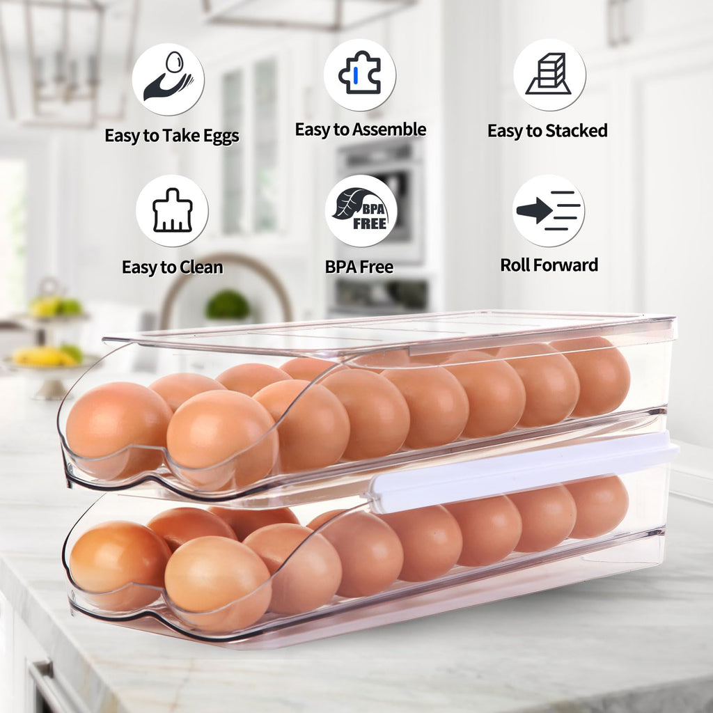 Egg Holder for Fridge, Automatic Rolling Egg Container for Refrigerator, Stackable Fridge Organizers and Storage with Lid, Clear Plastic Egg Dispenser & Tray (2 Tier)