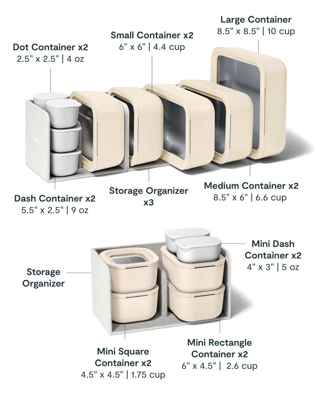 Caraway 13pc Glass Food Storage Container Set - Easy to Store, Non Toxic Lunch Box - with Glass Lids - Includes Storage Organizer - Cream