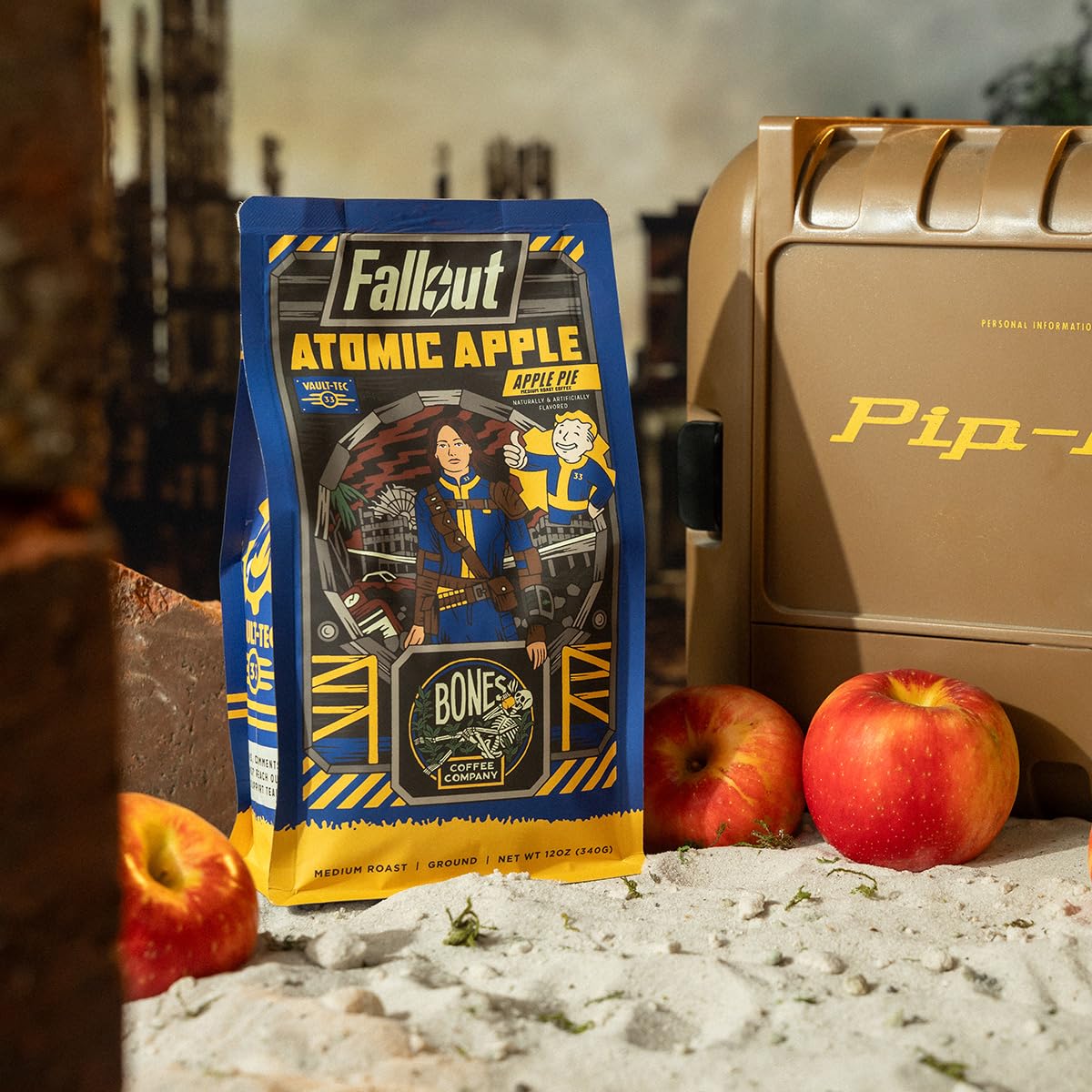 Bones Coffee Company Fallout Rocky Route 66, Rocky Road Flavored Coffee, Medium Roast Low Acid Arabica Beans Compatible with Auto drip and French Press Coffee Maker, 12 Oz Ground