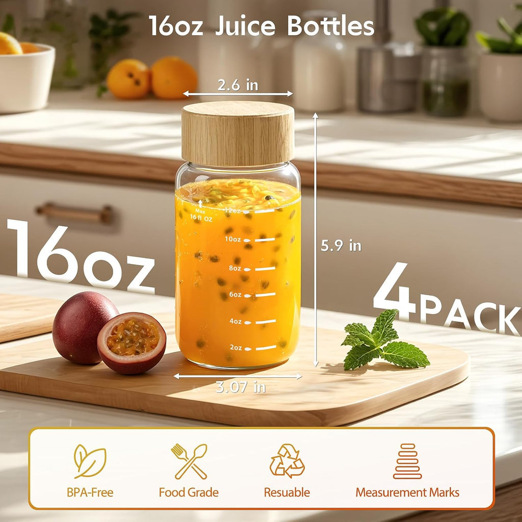 Freshmage 4 Pack Glass Water Bottles with Lids, 16 oz Reusable Wide Mouth Glass Juice Bottles with Bamboo Caps for Juicing, Smoothies, Water, Beverage Storage, 100% Leak Proof, BPA-Free, Borosilicate