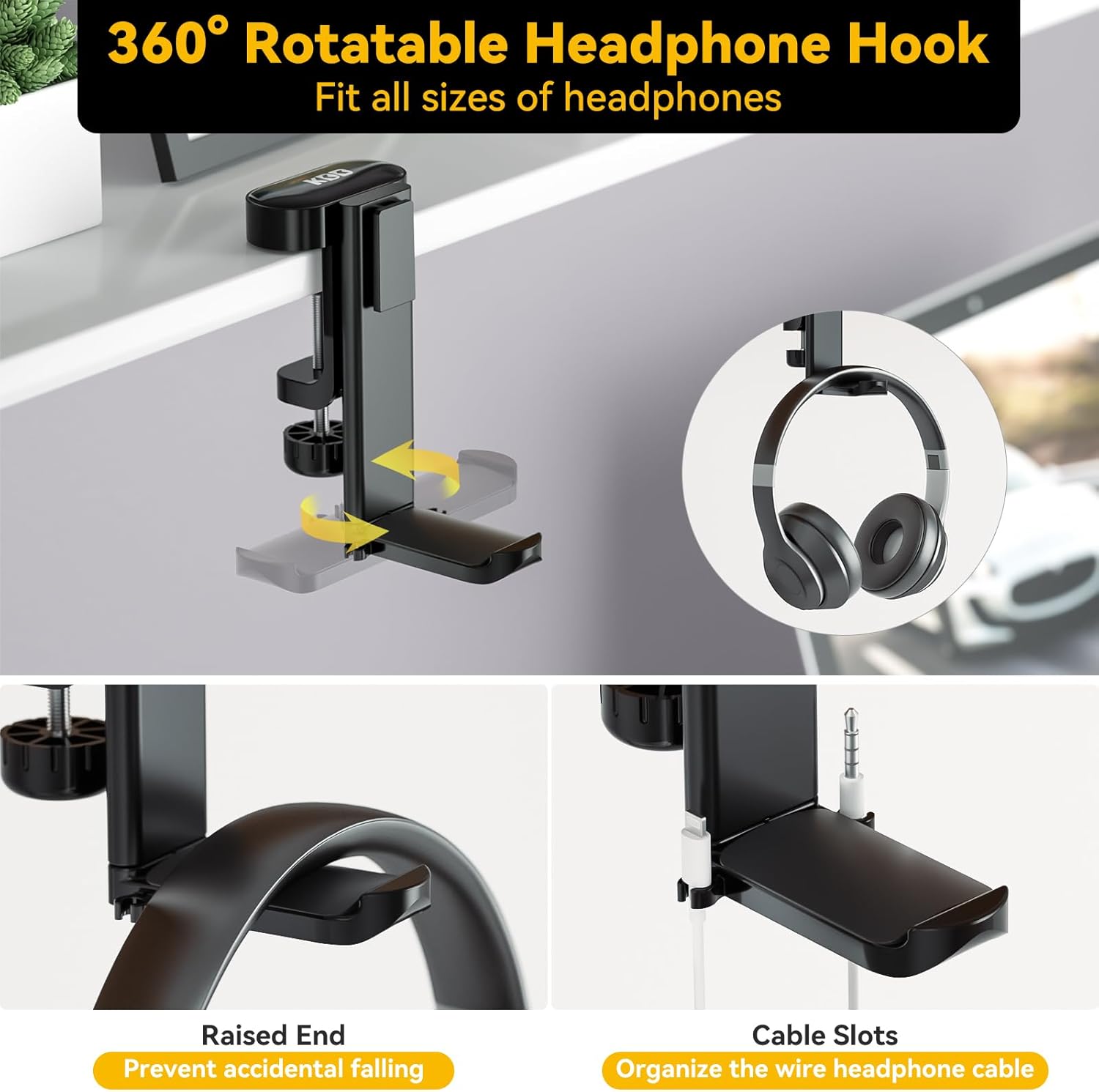 KDD Headphone Stand & Controller Holder & 4 in 1 Desk Cup Holder - Clamp on Under Desk Headphone Hanger