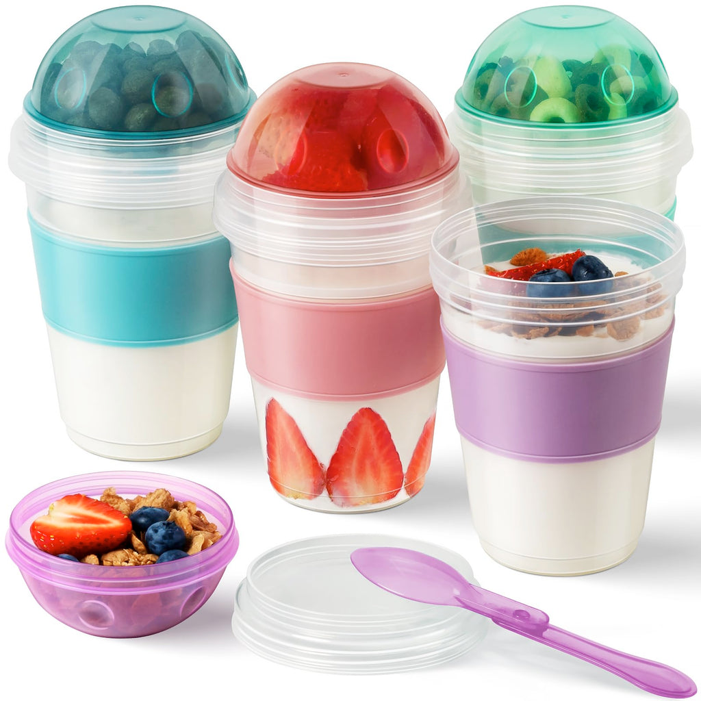 Freshmage Yogurt Parfait Cups with Lids, 2 Pack 20 oz Reusable Overnight Oats Containers with Lids, Topping Compartment & Spoon to Go for Breakfast Meal Prep, Portable & Lightweight (Blue&Green)