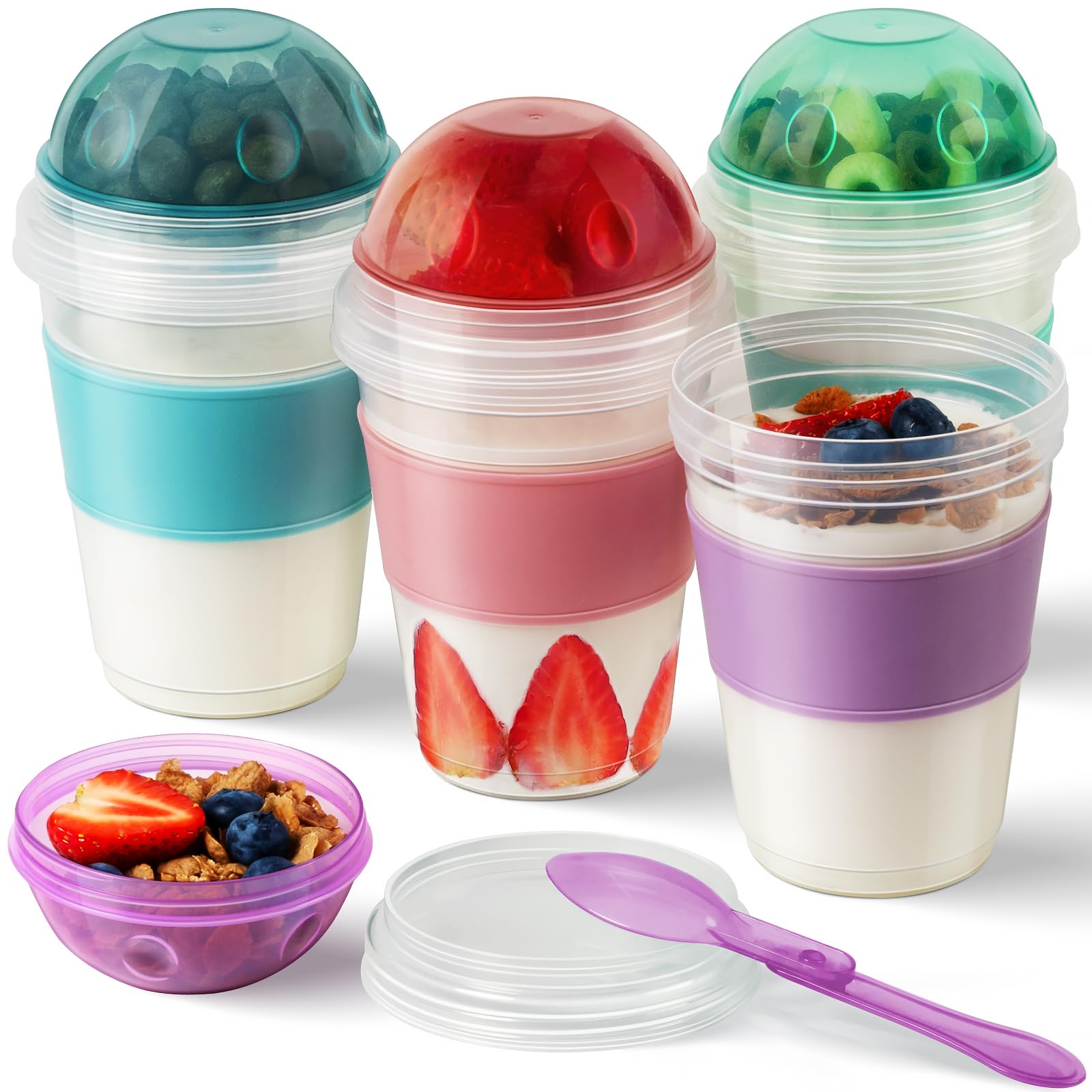 Freshmage Yogurt Parfait Cups with Lids, 2 Pack 20 oz Reusable Overnight Oats Containers with Lids, Topping Compartment & Spoon to Go for Breakfast Meal Prep, Portable & Lightweight (Blue&Green)