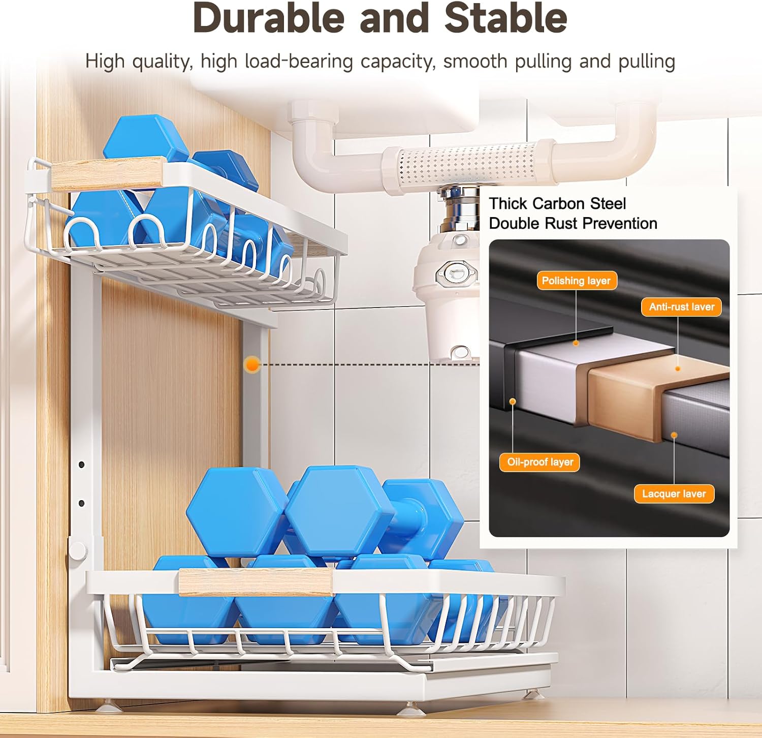 2 Packs Under Sink Organizer, Height Adjustable 2 Tier Under Kitchen sink organizer, Multi-Purpose Storage Shelf for Kitchen Bathroom Cabinet (White, Large)