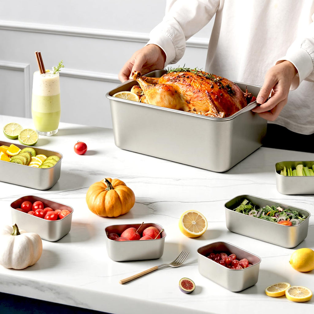 8 PCS Large Stainless Steel Food Storage Containers with Lids, 3 Sizes Meal Prep Containers Set for Vegetables, Fruits, Snacks, Roasting Chicken, Lasagna, BPA Free and Oven Safe (245oz, 31oz, 21oz)