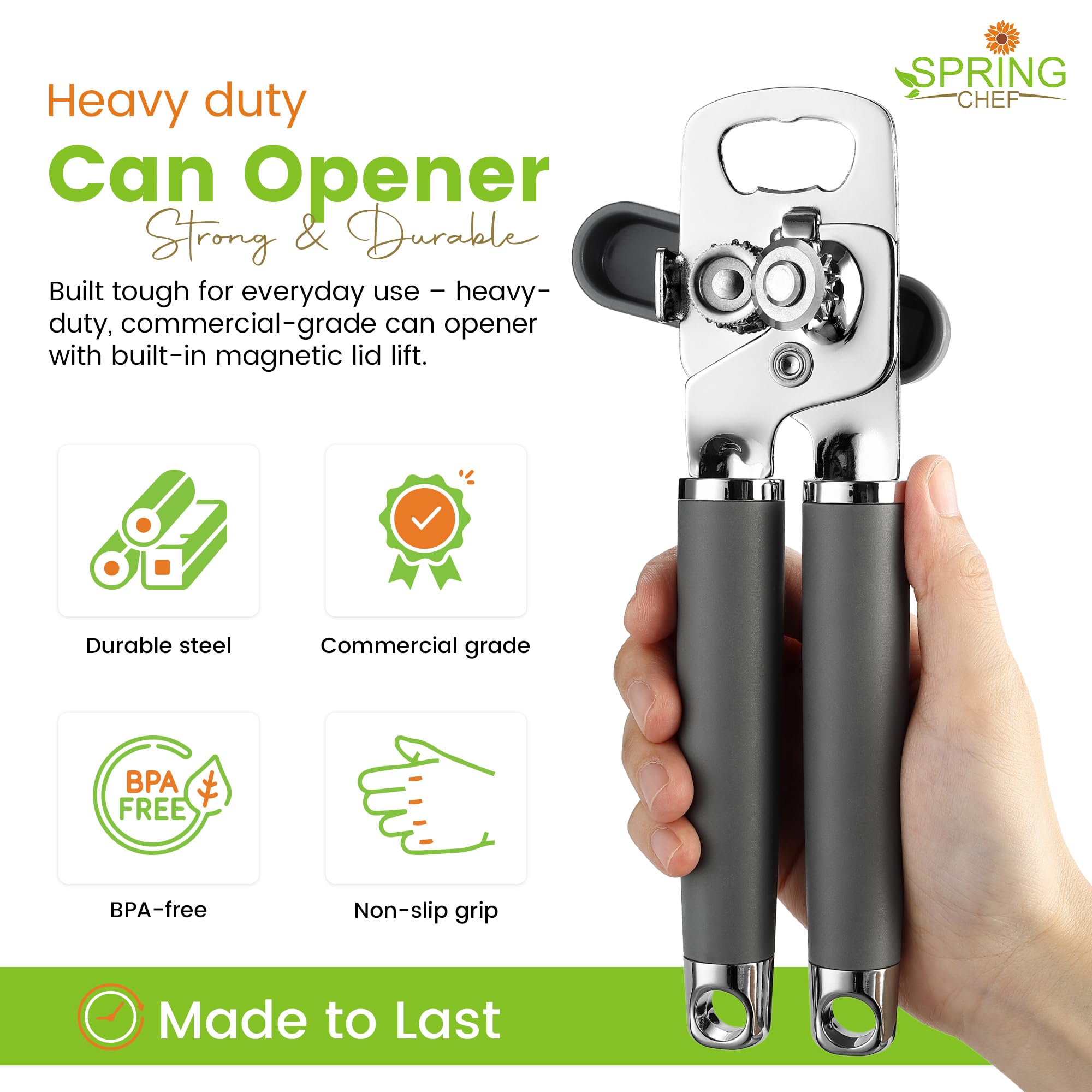 Spring Chef Stainless Steel Can Opener - Manual with Soft Grip Handles, Easy Turn, Heavy Duty Hand Can Openers for Seniors with Smooth Edge - Magnetic Lid Remover - Black