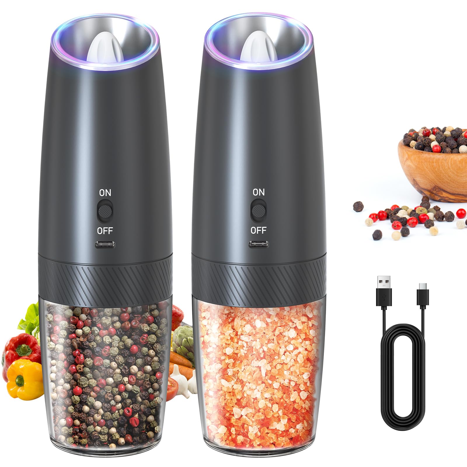 CIRCLE JOY Rechargeable Salt and Pepper Grinder Set Gravity Electric Salt and Pepper Grinder Set, LED Light, Adjustable Coarseness, for Home Kitchen BBQ, Black & White