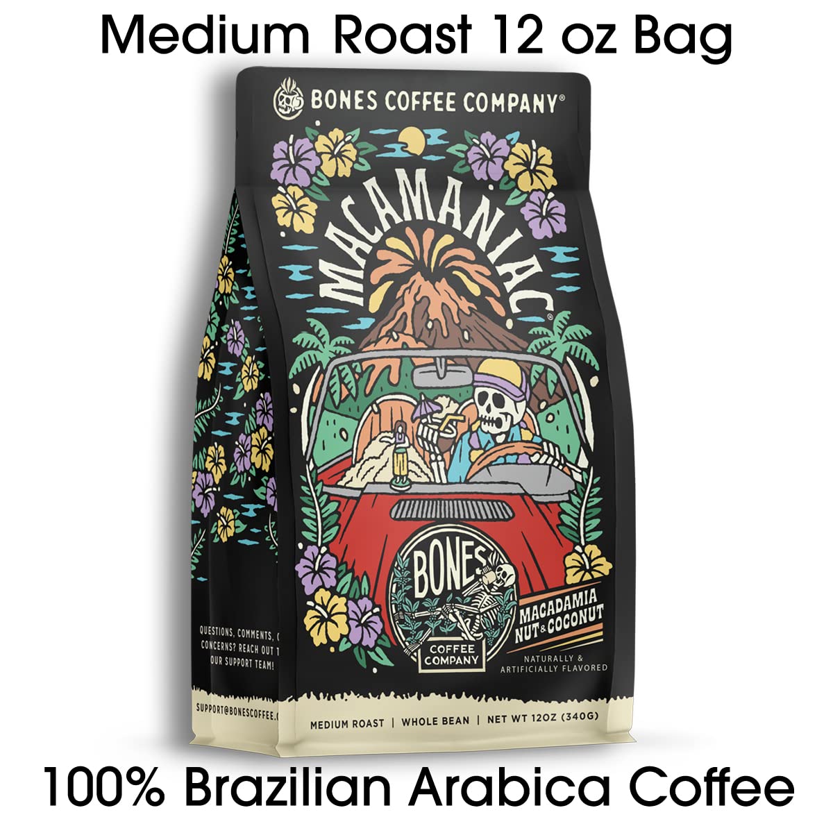 Bones Coffee Company Highland Grog, Butterscotch Caramel Flavored Coffee, Medium Roast Low Acid Arabica Beans Compatible with Auto drip and French Press Coffee Maker, 12 Oz Ground