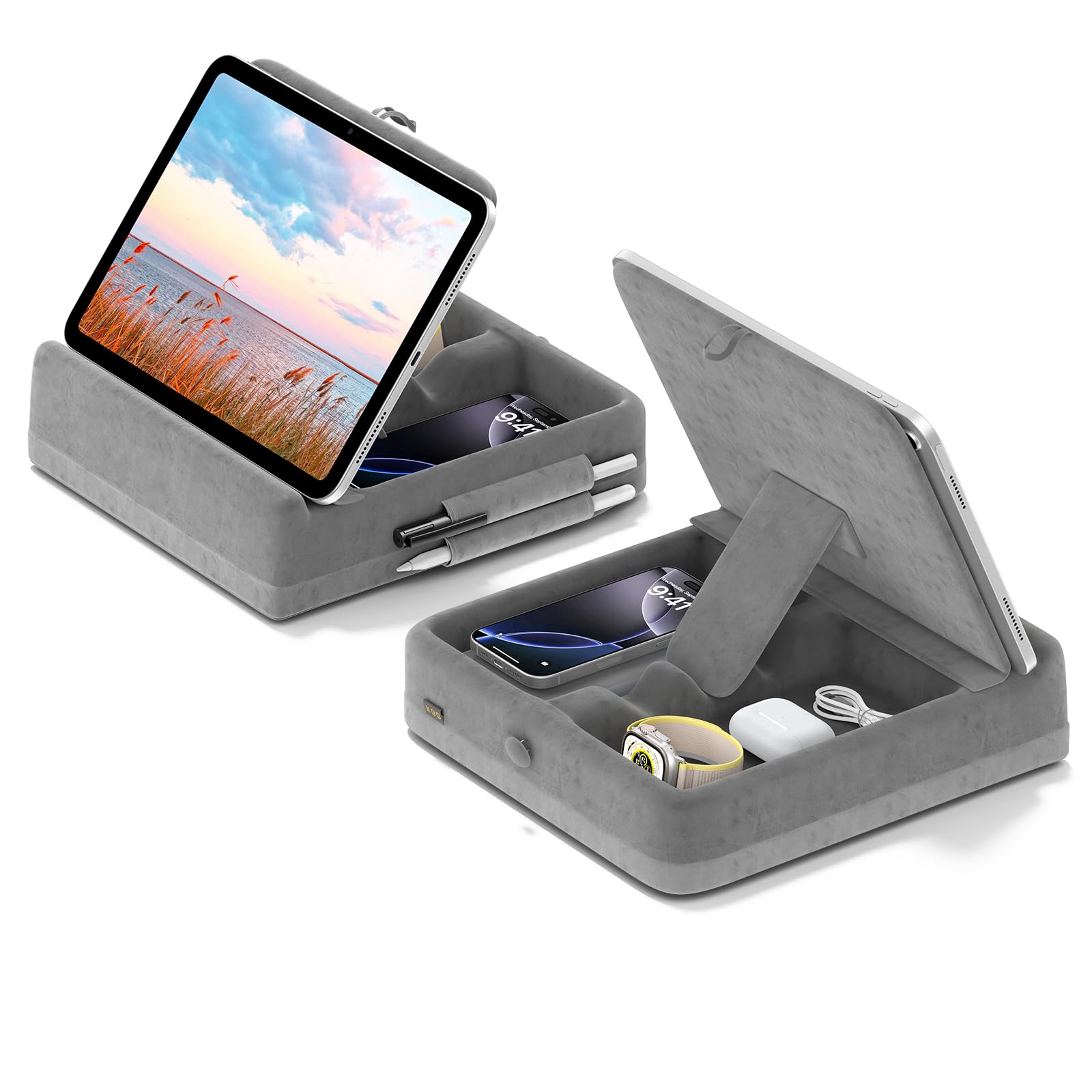 KDD Tablet Pillow Stand with Storage, Foldable iPad Holder for Bed, Lap and Desk, Angle Adjustable Soft Pad Dock with Stylus Mount Compatible with Ipad Pro 12.9, 10.5, 11, Air, Mini, Phones, Books