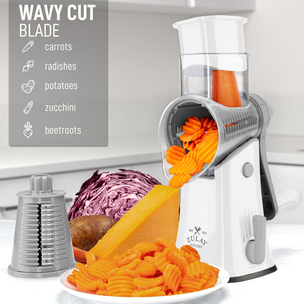 Zulay Kitchen Rotary Cheese Grater 5 Blade Cheese Shredder - Manual Hand Crank Cheese Grater With Reinforced Suction & 5 Interchangeable Drums - Easy to Use, Vegetable Chopper Round Mandoline Slicer