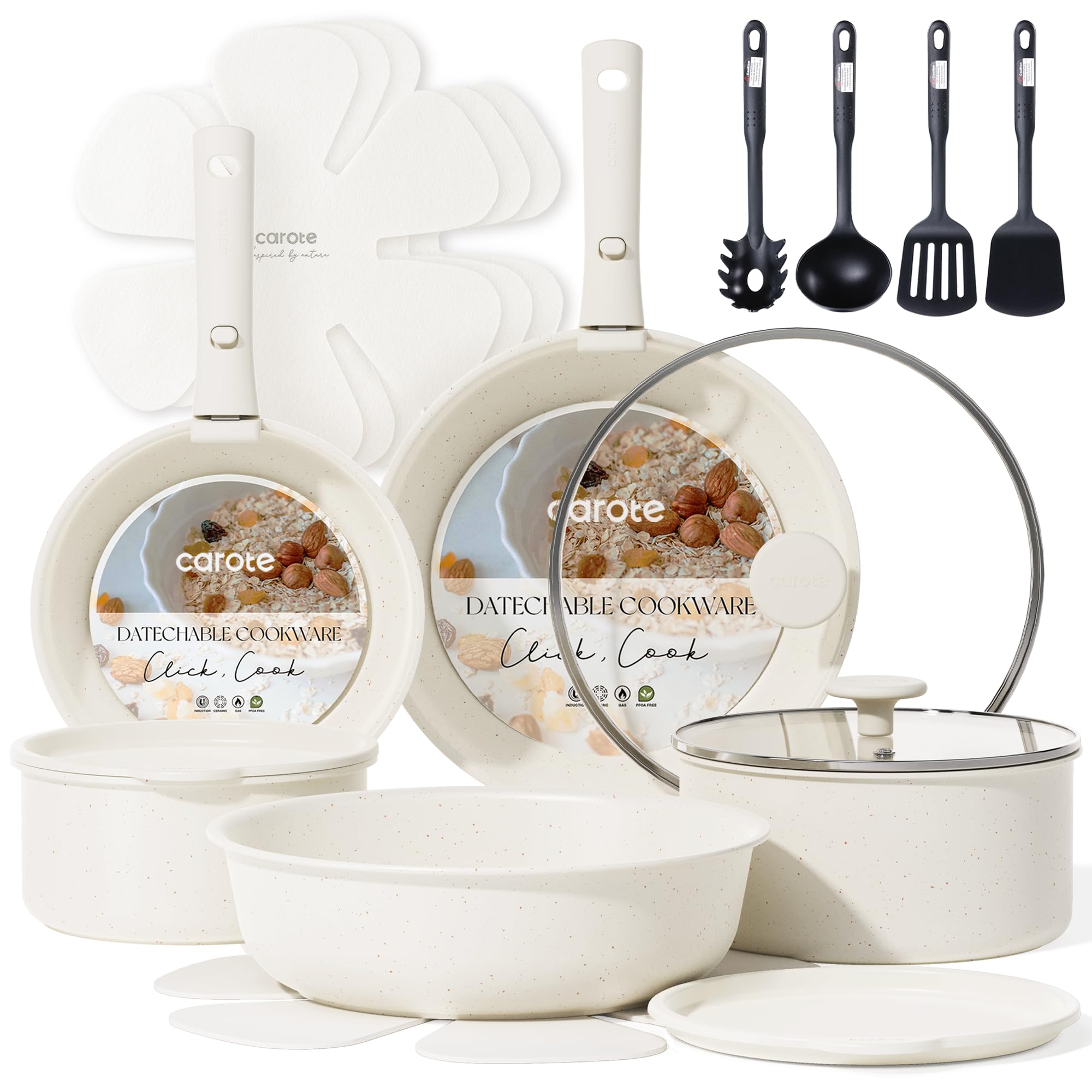 CAROTE 19pcs Pots and Pans Set, Nonstick Cookware Set Detachable Handle, Induction Kitchen Cookware Sets Non Stick with Removable Handle, RV Cookware Set, Oven Safe