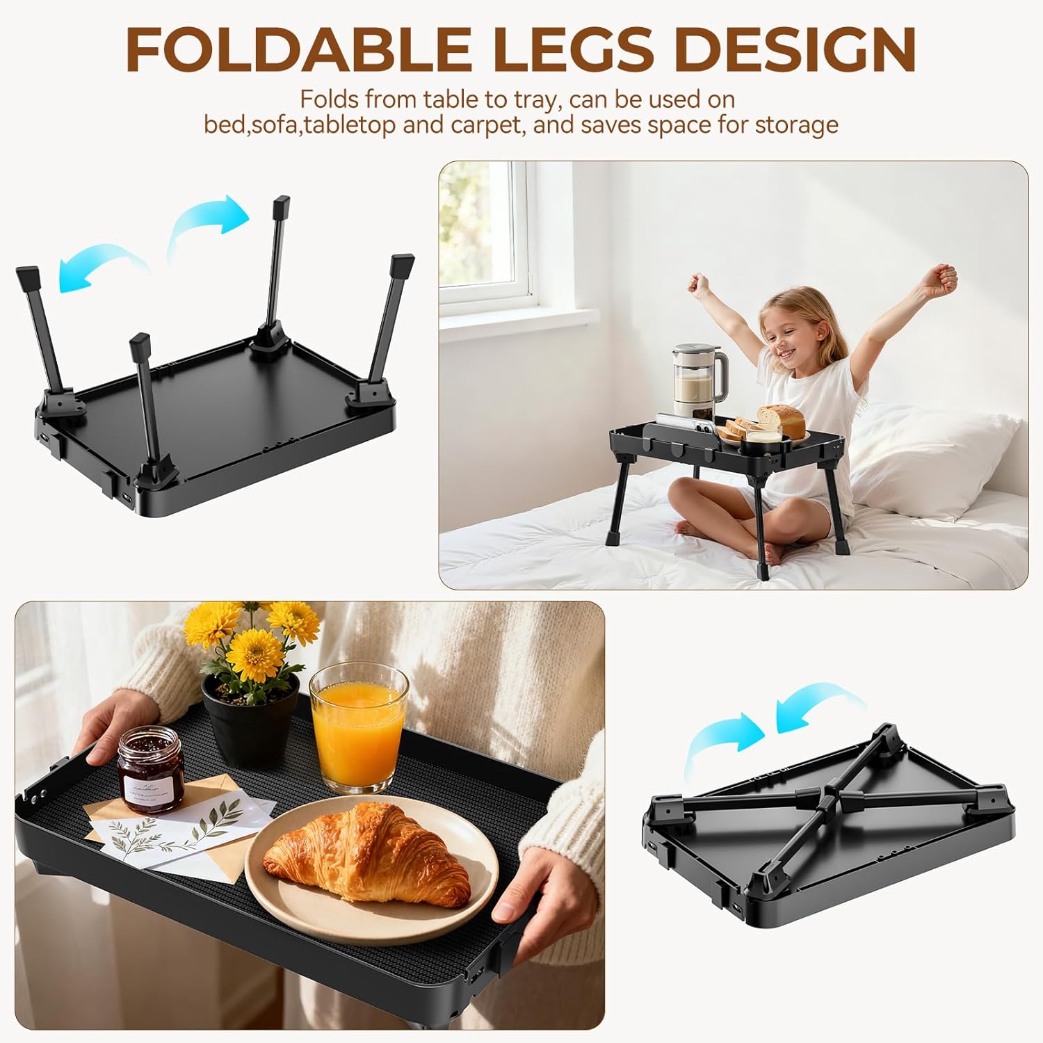 KDD Bed Tray Table with Folding Legs,Breakfast Tray with Removable Cup Holder & Phone Tablet Holder,Foldable Lap Tray for Bed, Sofa,Laptop Desk,Working,Snack, Kitchen Serving Tray,TV Table,Reading