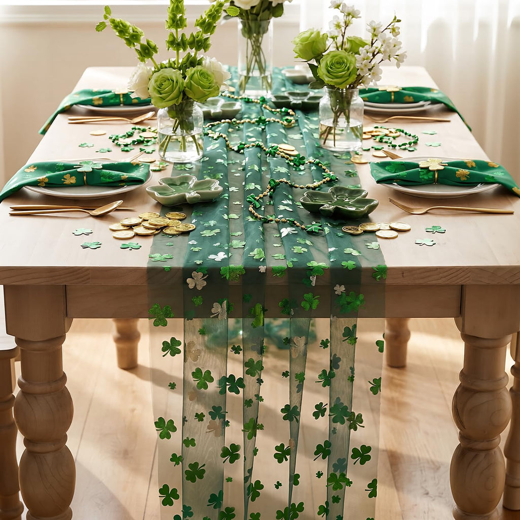 Artoid Mode Gauze Green Shamrocks St.Patrick's Day Table Runner 120 Inch 10FT,Seasonal Sheer Dining Holiday Baby Shower Table Decor for Home Party