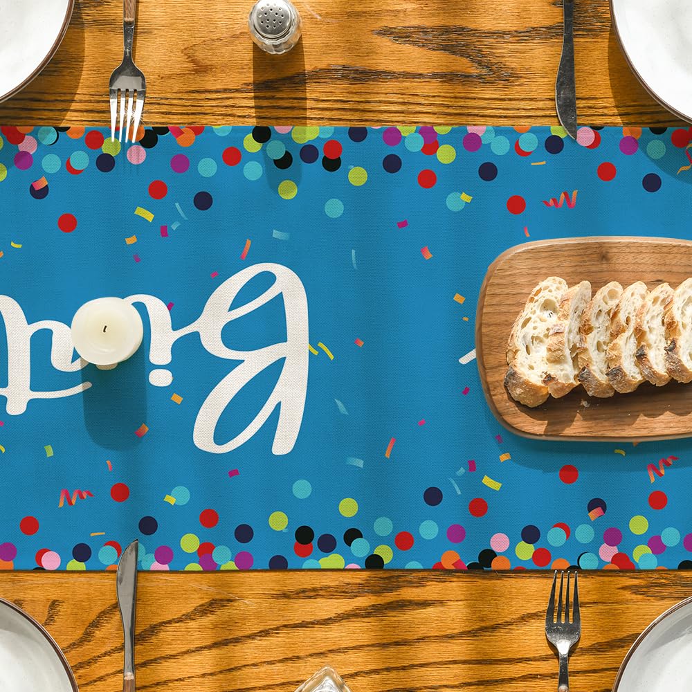 Artoid Mode Polka Dot Beige Happy Birthday Table Runner, Seasonal Kitchen Dining Table Decoration for Home Party Decor 13x72 Inch