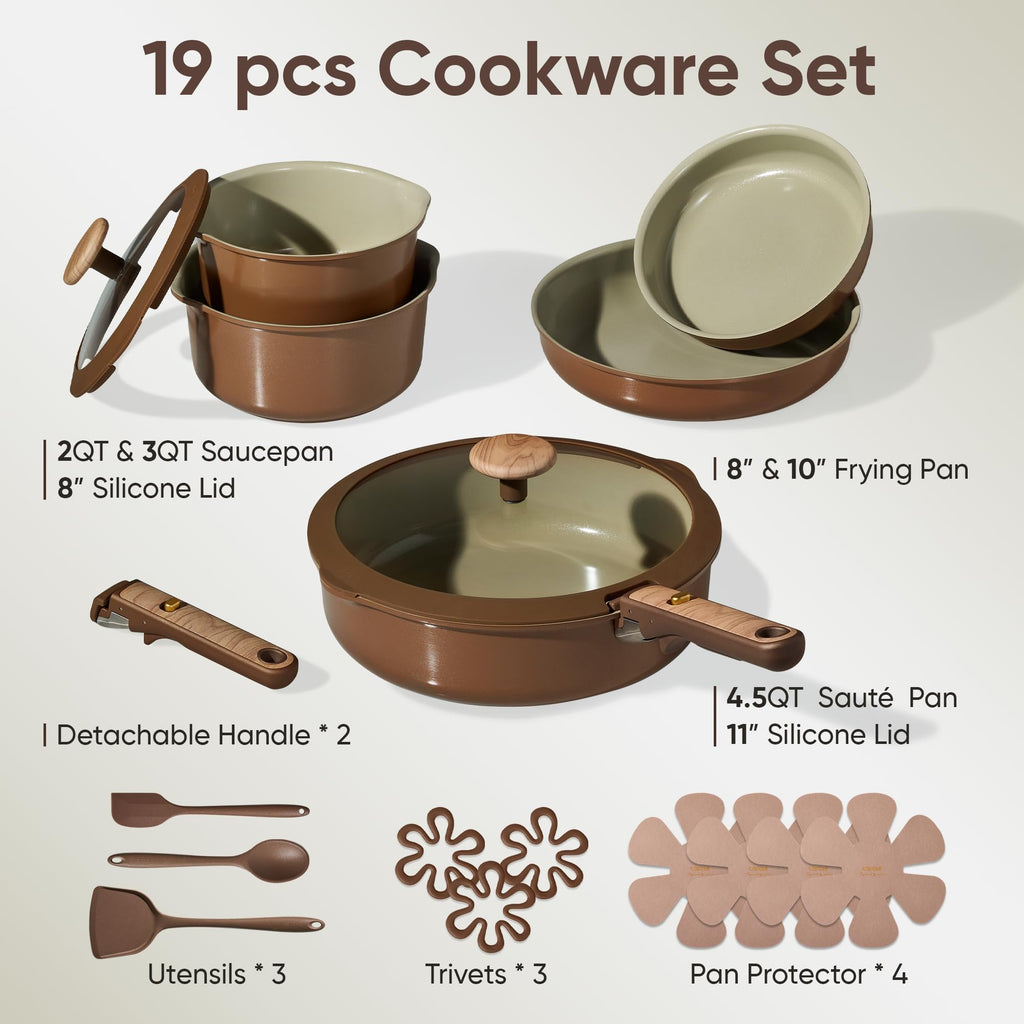CAROTE 19PCS Ceramic Nonstick Cookware Set, Pots and Pans Set with Detachable Handle, PFAS-Free Non-Toxic, Induction & Oven Safe, Stackable Space-Saving, Dark Choco
