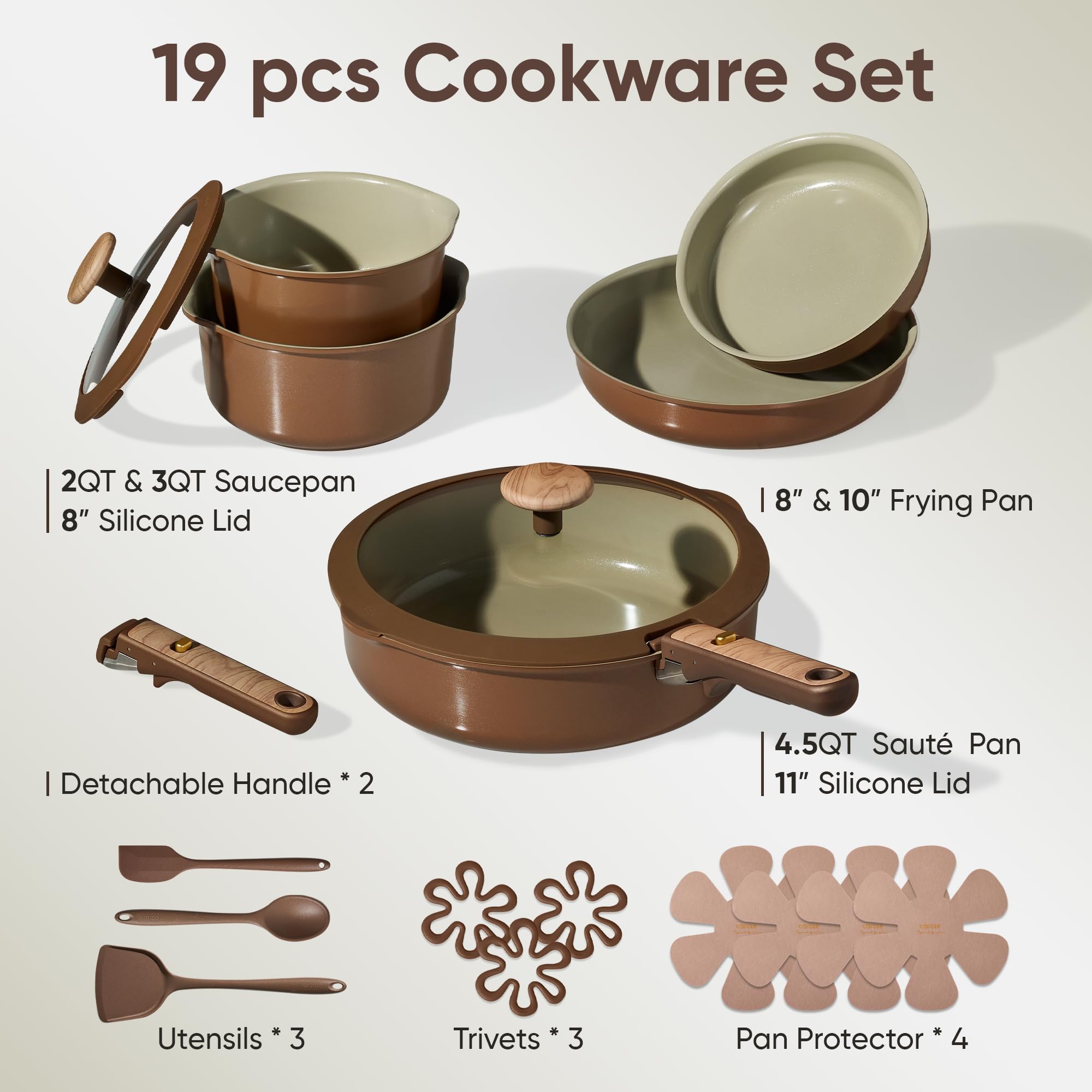 CAROTE 19PCS Ceramic Nonstick Cookware Set, Pots and Pans Set with Detachable Handle, PFAS-Free Non-Toxic, Induction & Oven Safe, Stackable Space-Saving, Dark Choco