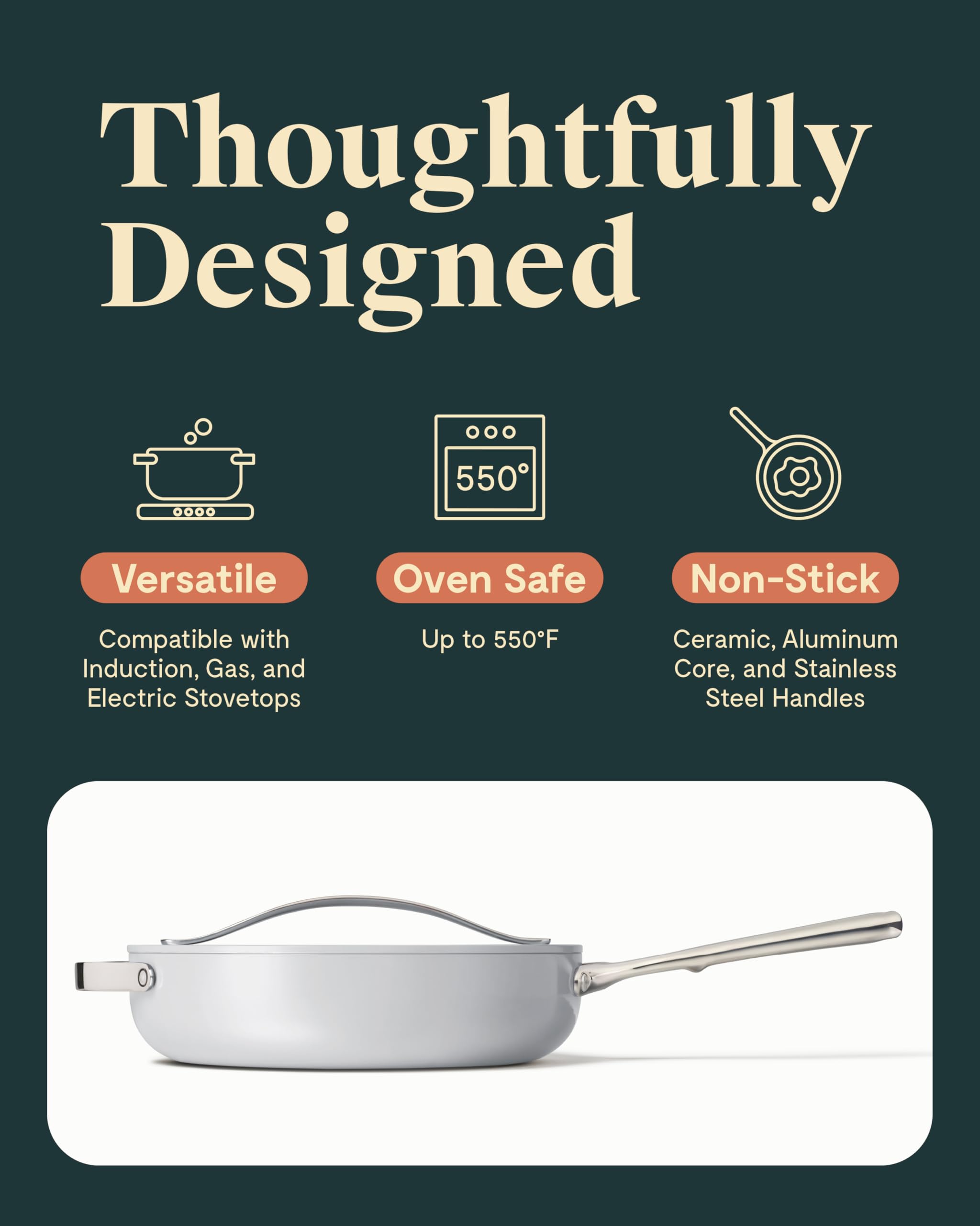Caraway Nonstick Ceramic Sauté Pan with Lid (4.5 qt, 11.8") - Non Toxic, PTFE & PFOA Free - Oven Safe & Compatible with All Stovetops (Gas, Electric & Induction) - Cream