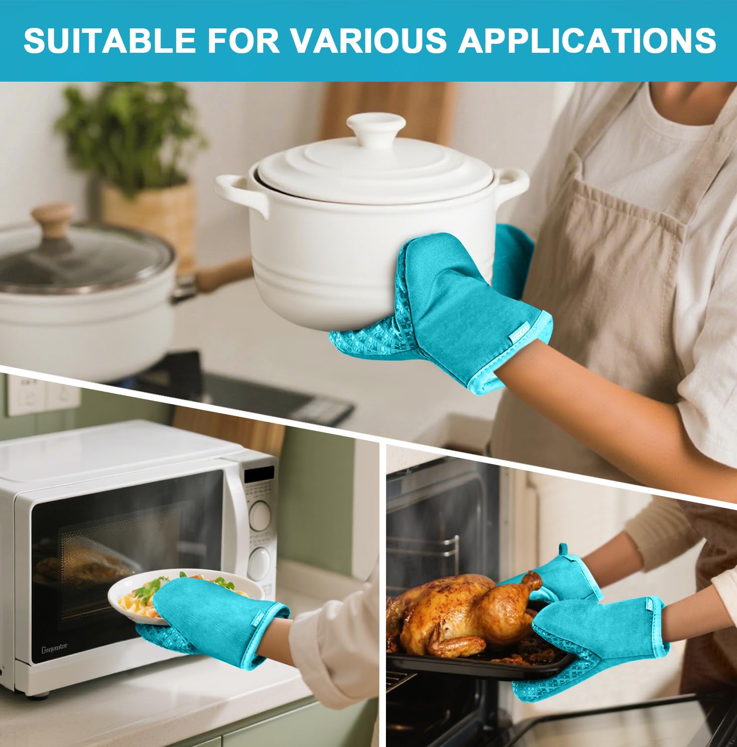 Mini Oven Mitts Heat Resistant Gloves,Silicone Oven Mitts Designed for Air Fryer/Microwave/Oven, Easy Food Handling,Cute Oven Mitt Heat Resistant Up to 500℉, for Adults & Kids，Blue