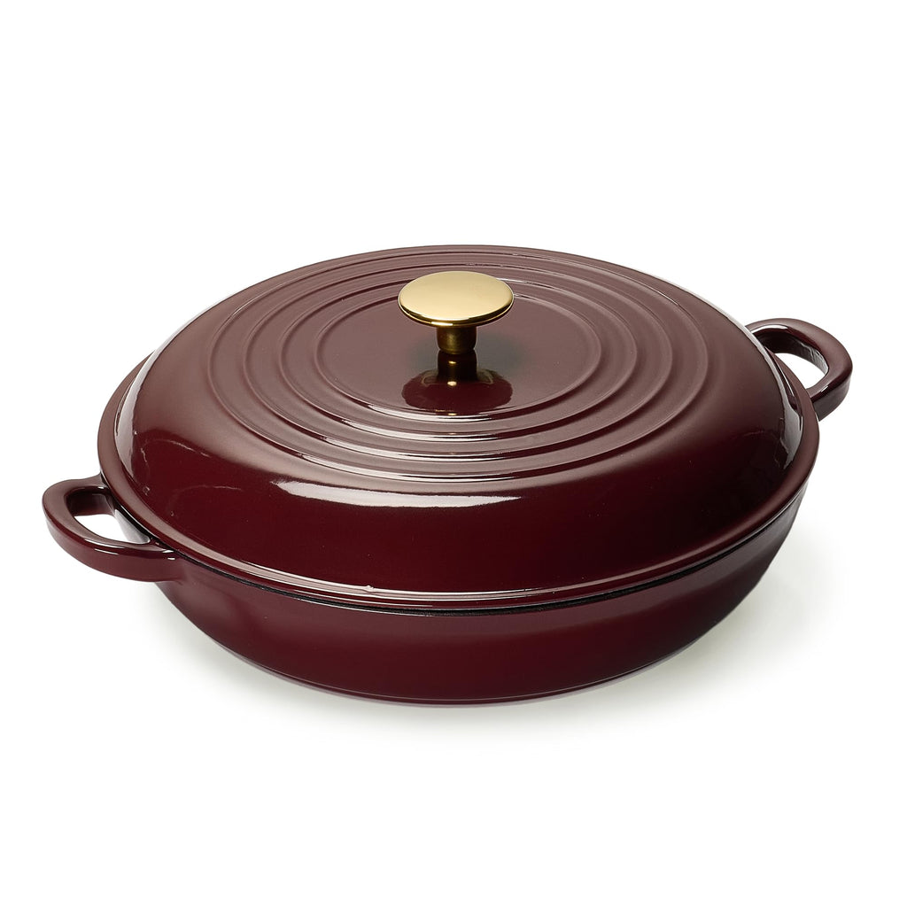 CAROTE 3.4QT Enameled Cast Iron Braiser Pan, Shallow Dutch Oven Casserole Skillets, Non-Toxic Cast Iron Pot with Lid for Grilling, Searing, Baking, Dual Handles, All Stovetop Compatible, White