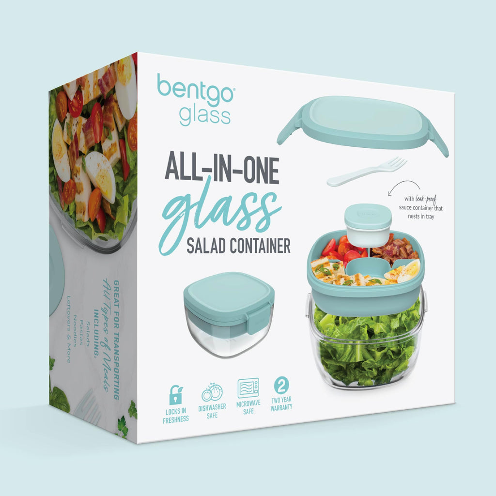 Bentgo Glass Salad Container - 7.6-Cup Salad Bowl with Airtight Lid, Leak-Proof Sauce Container, 4-Compartment Bento Tray & Reusable Fork - BPA-Free for Meal Prep, Office & More (Lavender)
