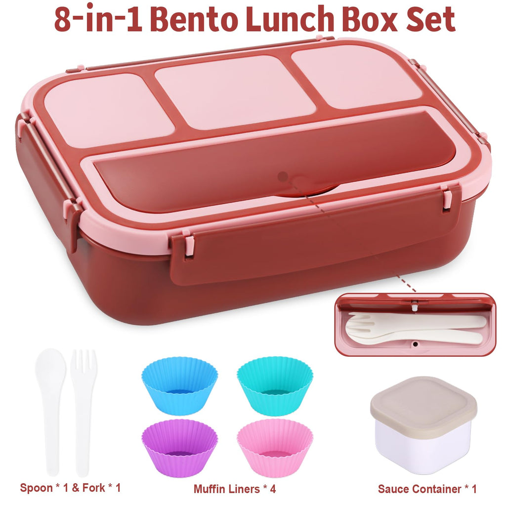 Bento Box Adult Lunch Box, Containers for Adults Men Women with 4 Compartments, Lunchable Food Container with Utensils, Sauce Jar, Muffin Liners, 40 Oz/5 Cup, Microwave & Dishwasher Safe, Brown
