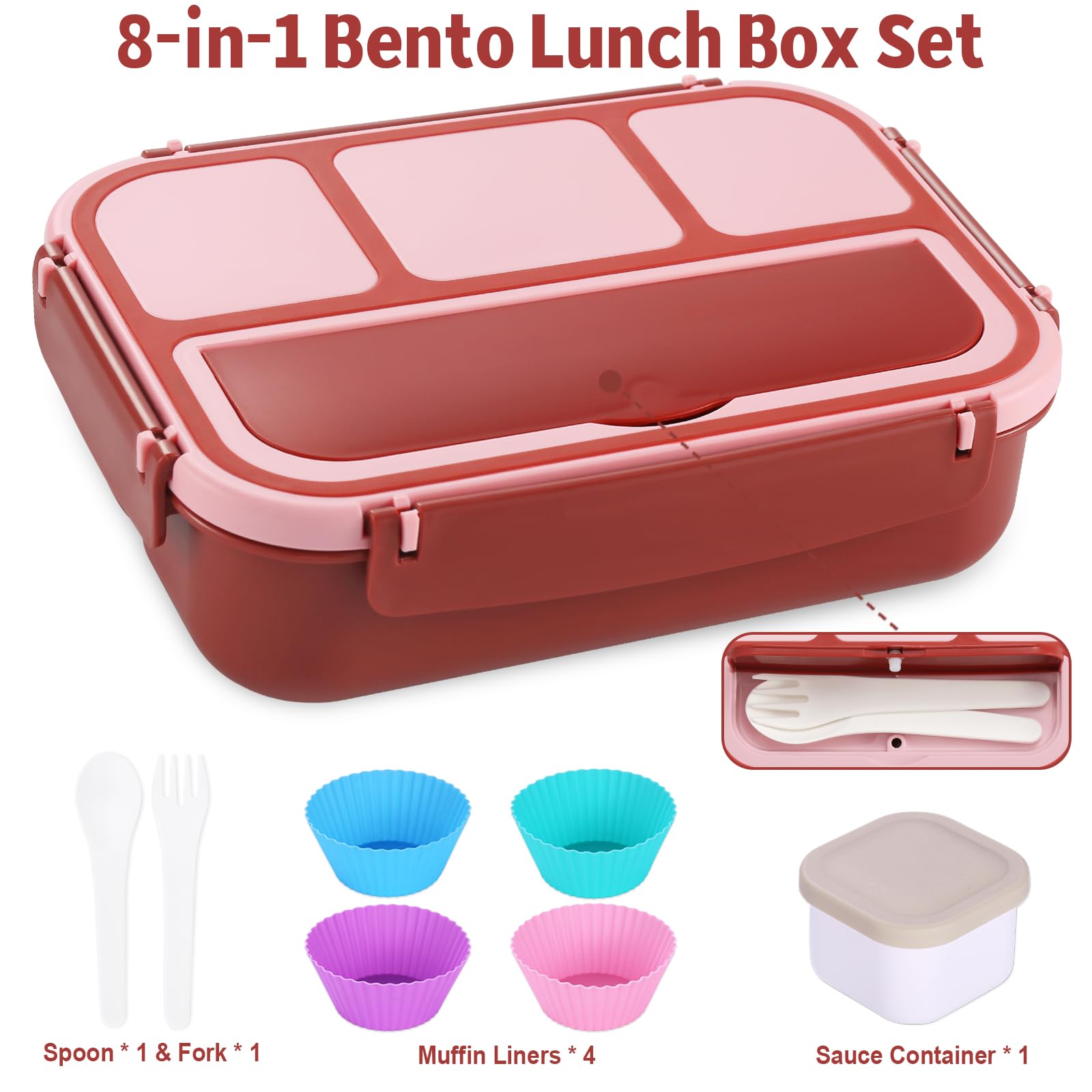 Bento Box Adult Lunch Box, Containers for Adults Men Women with 4 Compartments, Lunchable Food Container with Utensils, Sauce Jar, Muffin Liners, 40 Oz/5 Cup, Microwave & Dishwasher Safe, Brown