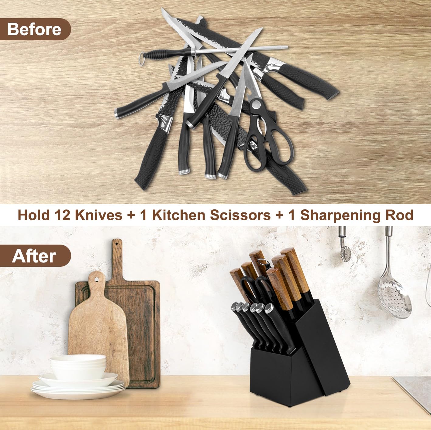 RedCall Universal Knife Block Holder,Large Wood Bamboo Knife Block without Knives,14 Slot Universal Knife Holder Countertop,Butcher Block Knife Storage Organizer for Kitchen (Brown)