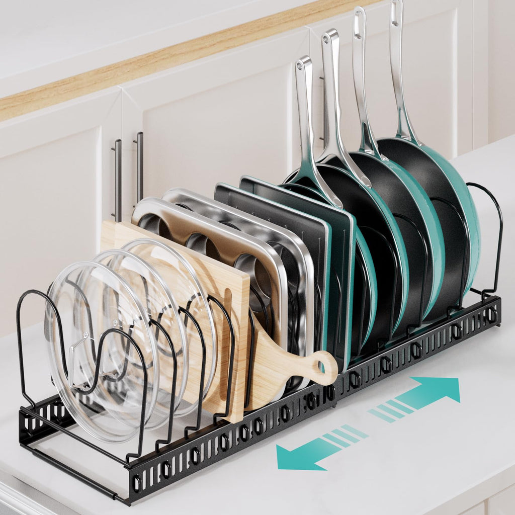 ORDORA Pots and Pans Organizer under Cabinet with Pot Lid Organizer, Expandable Rack for Pan and Pot Organizers Inside Cabinet, 12"-23" Adjustable with 10 Dividers for Kitchen Organization, Black
