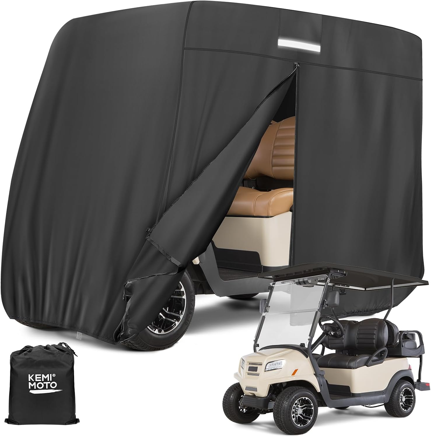 KEMIMOTO 600D Waterproof Golf Cart Cover, Universal Heavy Duty Large 2/2+2/4-Seater Golf Cart Rain Cover with Storage Bag Compatible with EZGO Club Car 2/2+2/4 Passenger, Black