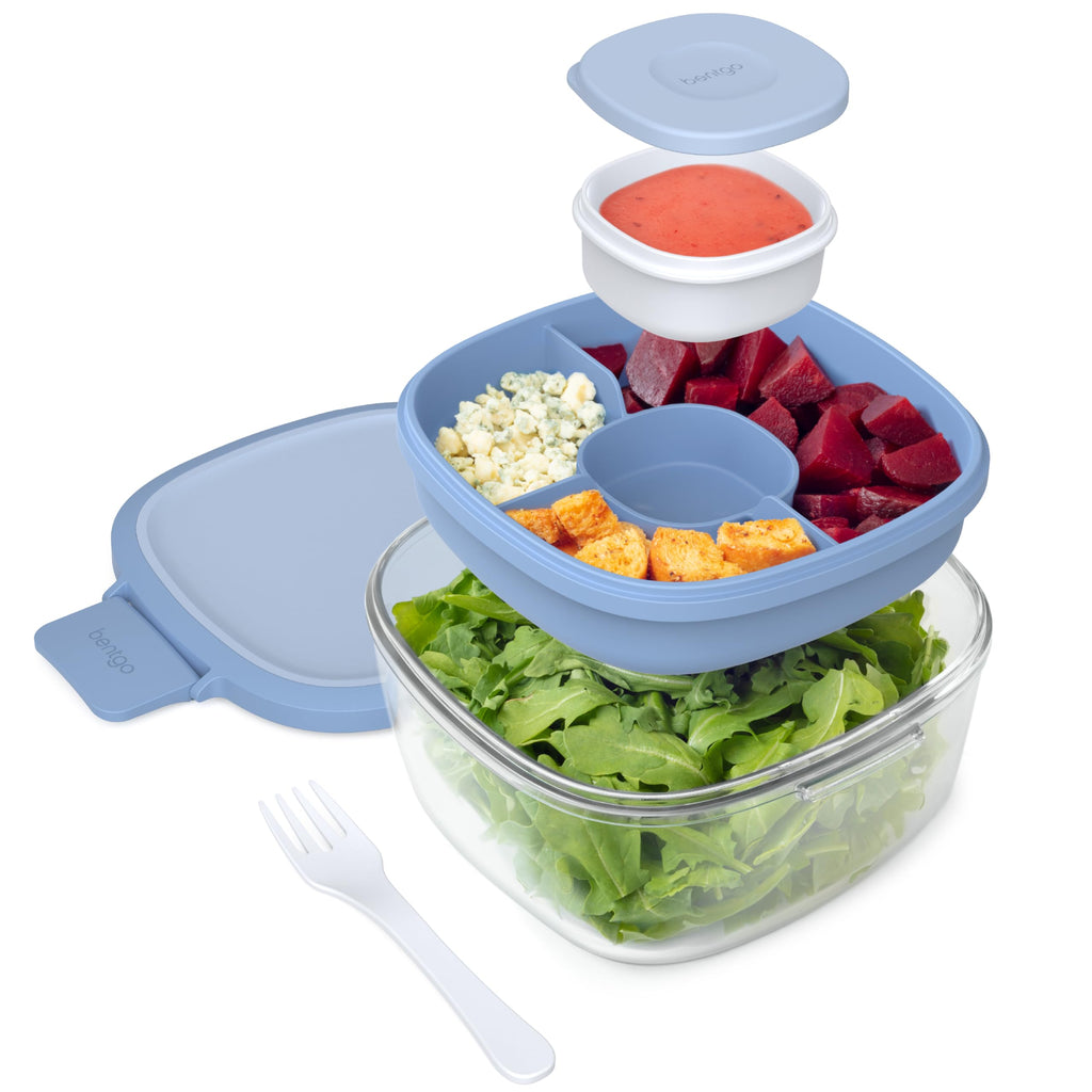 Bentgo Glass Salad Container - 7.6-Cup Salad Bowl with Airtight Lid, Leak-Proof Sauce Container, 4-Compartment Bento Tray & Reusable Fork - BPA-Free for Meal Prep, Office & More (Lavender)