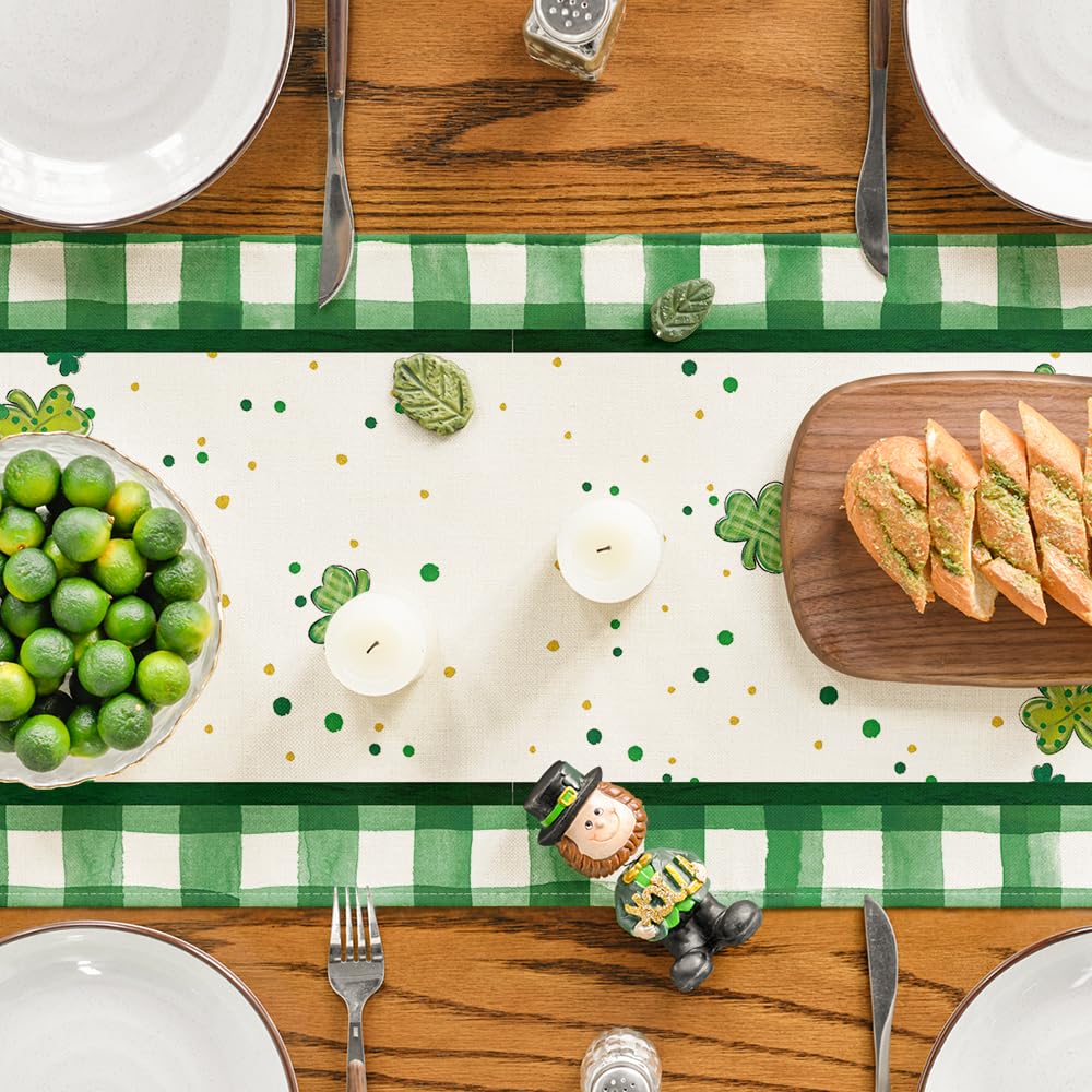 Artoid Mode Buffalo Plaid Shamrock Gnome St. Patrick's Day Table Runner, Seasonal Spring Holiday Kitchen Dining Table Decoration for Indoor Outdoor Home Party Decor 13 x 72 Inch