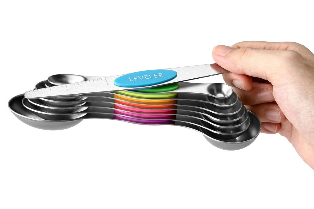 Spring Chef Stainless Steel Magnetic Measuring Spoons Set with Strong N45 Magnets, Heavy Duty Metal Kitchen Gadgets for Baking & Cooking, Fits in Most Kitchen Spice Jars, Set of 8 with Leveler, Black