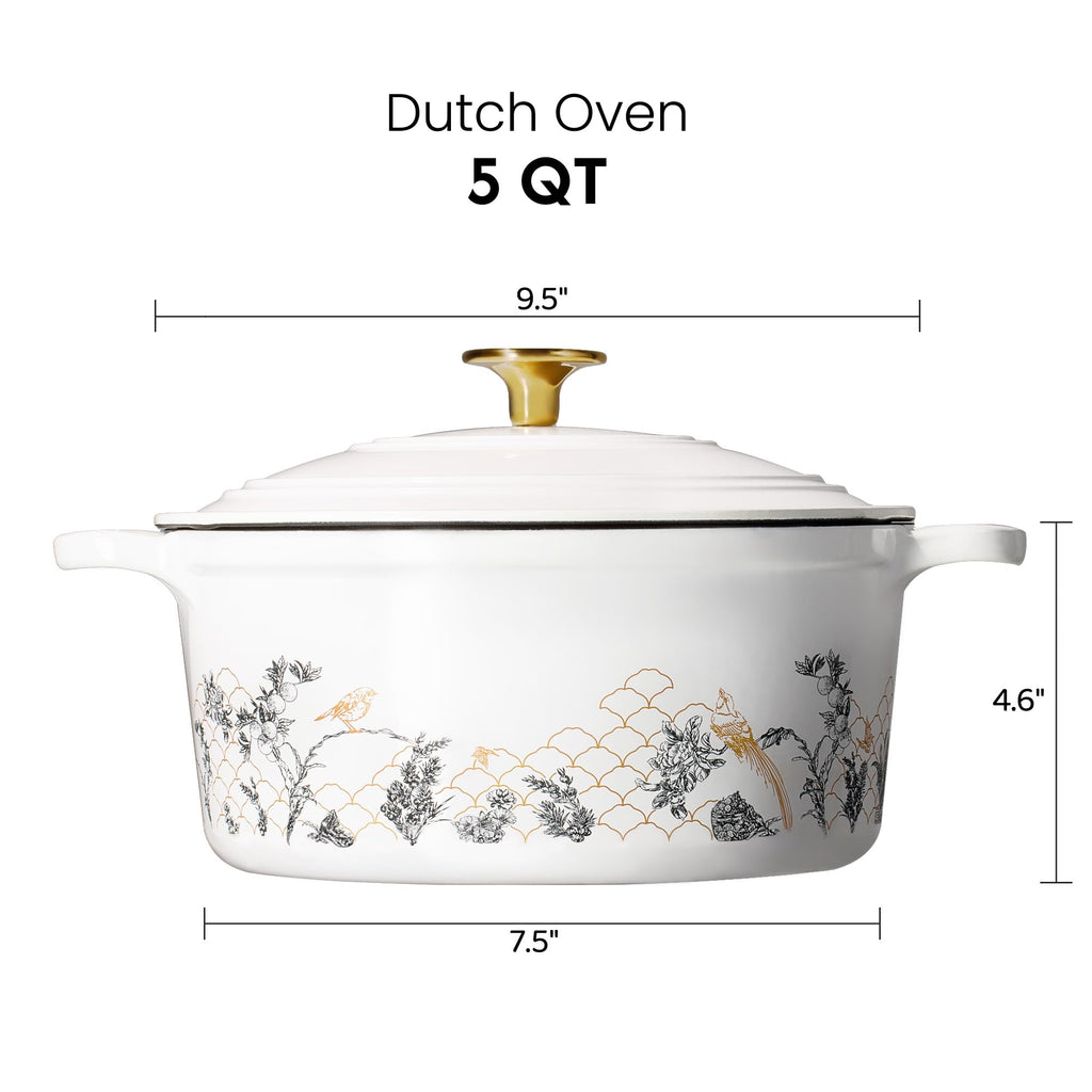 CAROTE 5 QT Cast Iron Dutch Oven Pot with Lid, Enameled Floral Dutch Ovens with Cotton Potholders & Oven Gloves, Gift Box, Cast Iron Pot for Sourdough Bread Baking, Braising, Stews, Roasting, Dual Handles, All Stovetop Compatible, Oven Safe up to 500° F,