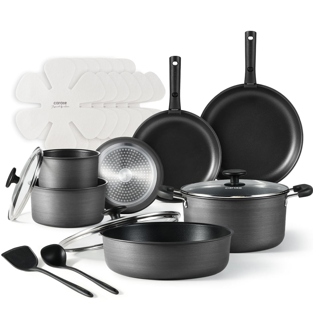 CAROTE 17pcs Pots and Pans Set, Nonstick Cookware Set Detachable Handle, Induction Kitchen Cookware Sets Non Stick with Removable Handle, RV Cookware Set, Oven Safe