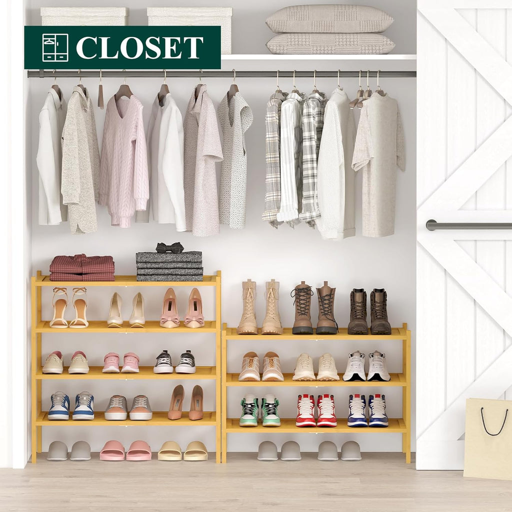 Smiry Bamboo Shoe Rack, 3 Tier Shoe Organizer for Entryway & Closet, Stackable Free Standing Storage Shelf for Shoes, Bags & Plants, Natural