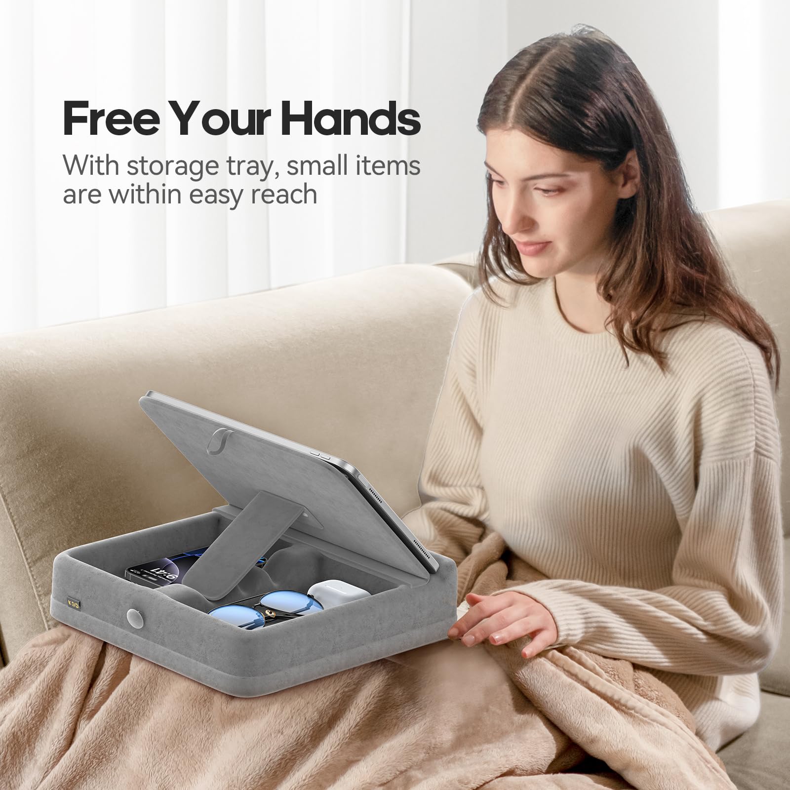 KDD Tablet Pillow Stand with Storage, Foldable iPad Holder for Bed, Lap and Desk, Angle Adjustable Soft Pad Dock with Stylus Mount Compatible with Ipad Pro 12.9, 10.5, 11, Air, Mini, Phones, Books