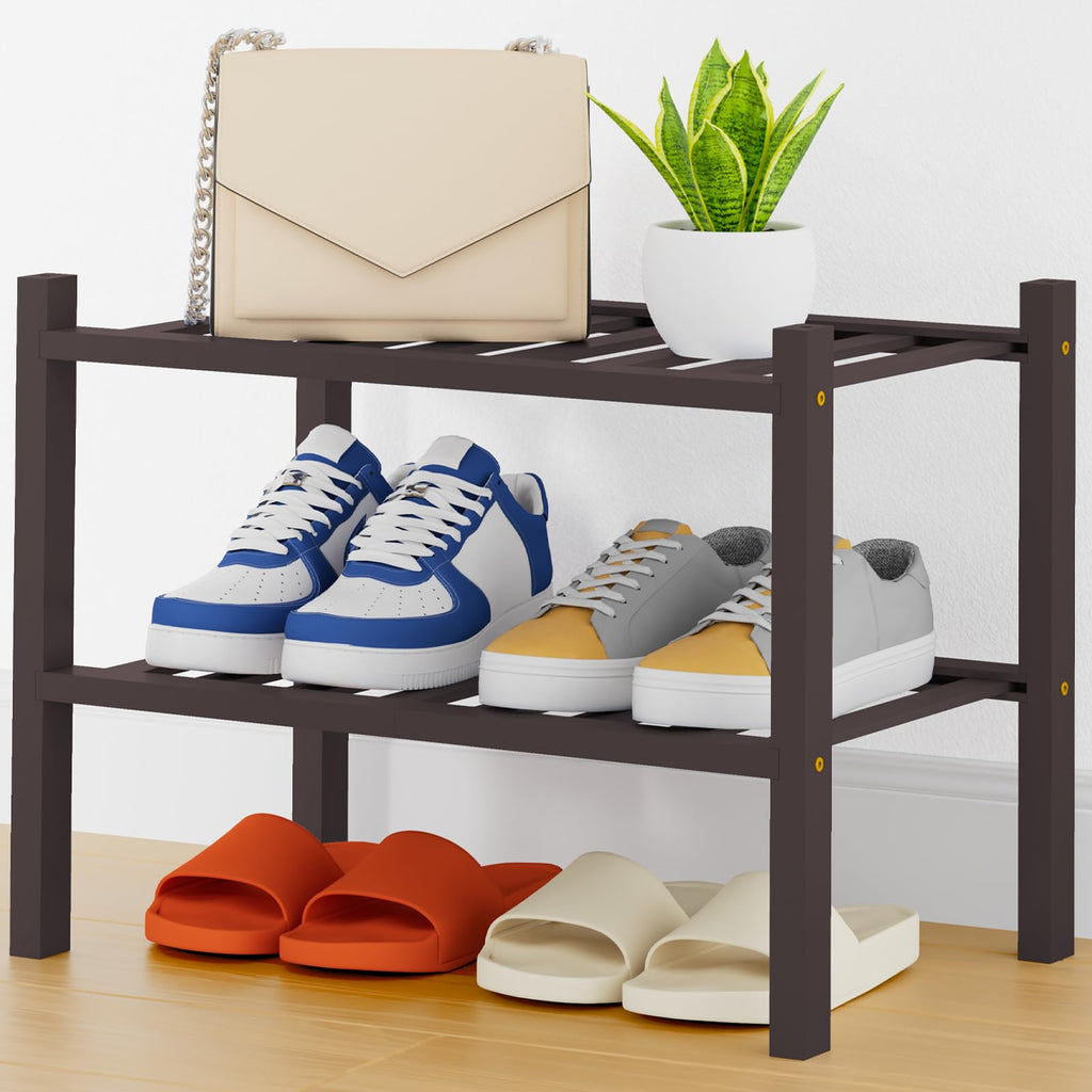 Smiry Shoe Rack, 3 Tier Bamboo Shoe Organizer, Stackable Free Standing Wooden Shoe Storage Shelf for Closet, Entryway, Front Door Entrance, Natural