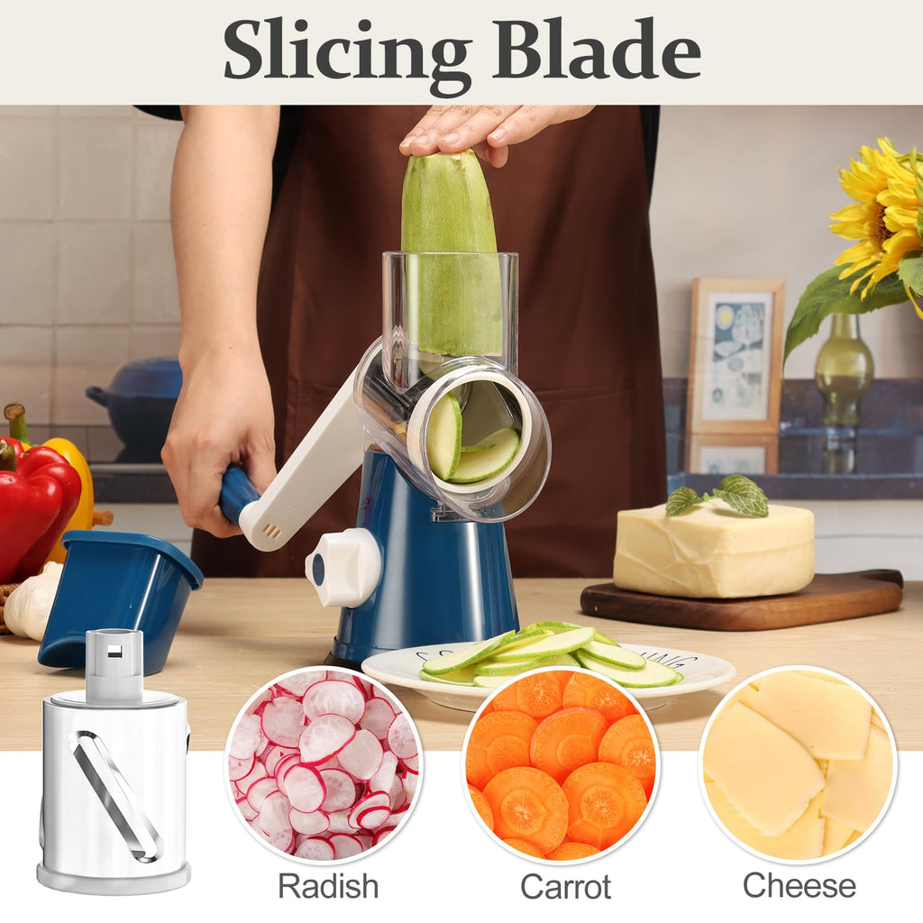 Cambom 5 in 1 Rotary Cheese Grater Hand Crank Cheese Shredder for Fresh Cheese, Vegetable, Nuts,Non-slip Suction Base, Black