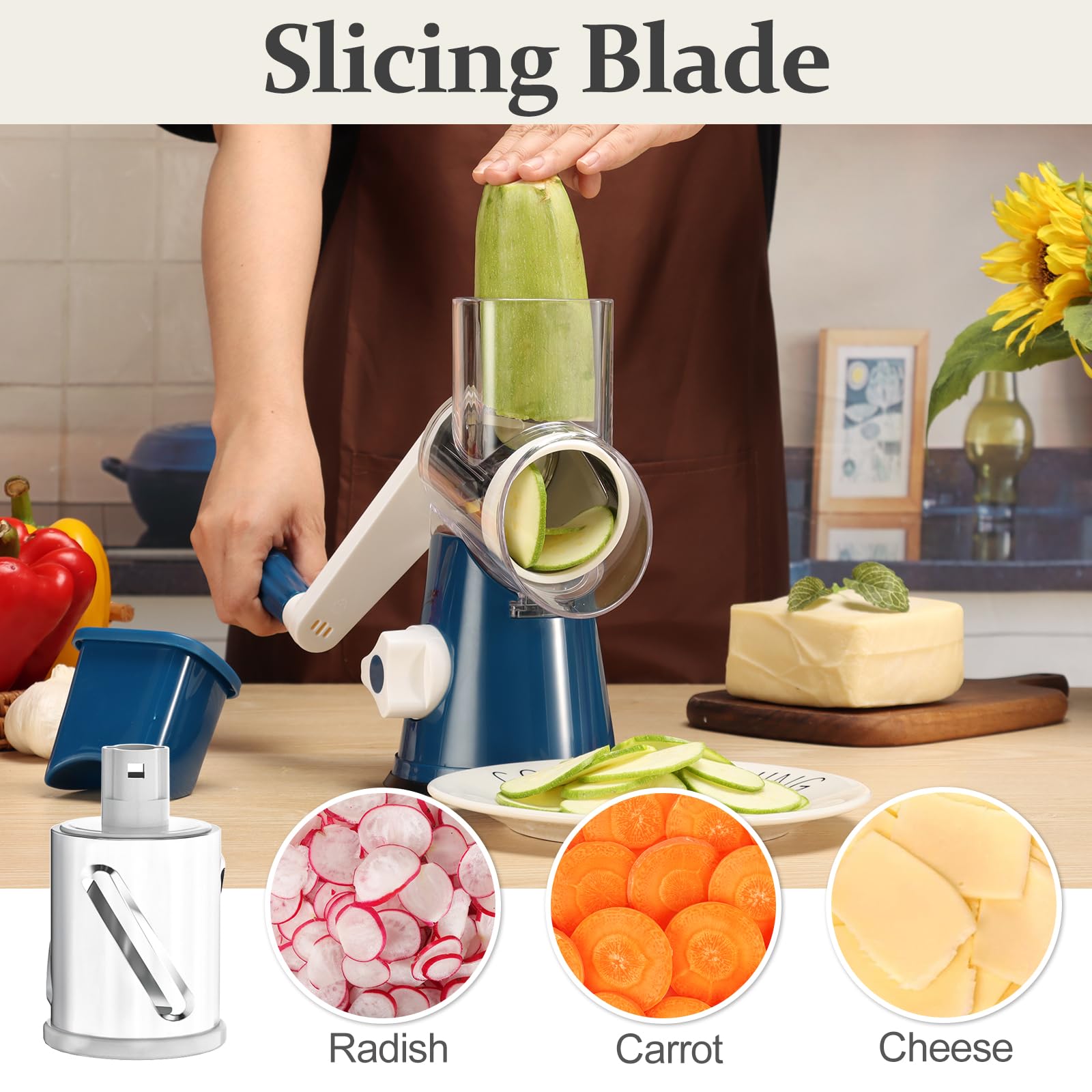 Cambom 5 in 1 Rotary Cheese Grater Hand Crank Cheese Shredder for Fresh Cheese, Vegetable, Nuts,Non-slip Suction Base, Black