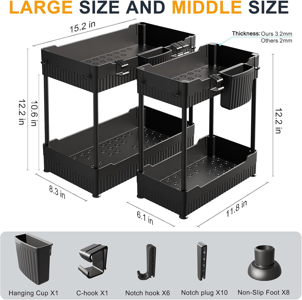 2 Pack Under Sink Organizer and 2 Tier Fruit Basket for Kitchen with 2 Banana Hangers
