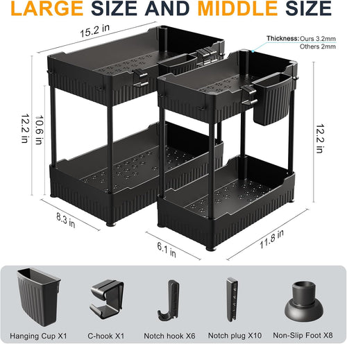2 Pack Under Sink Organizer and 2 Tier Fruit Basket for Kitchen with 2 Banana Hangers