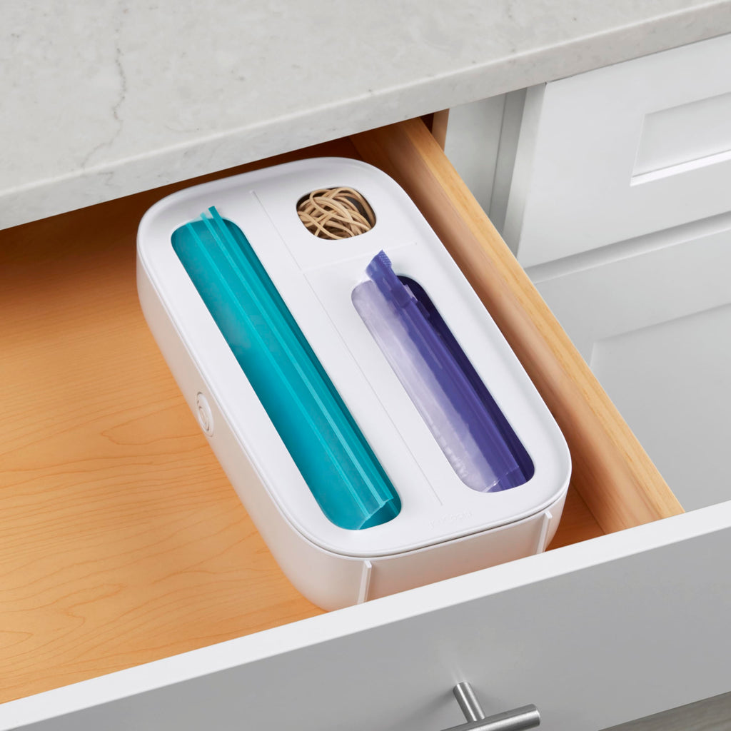 StoraBag Drawer Food Bags Dispenser, 4-Slot, Plastic Sandwich Bag Organizer for Kitchen Storage, White