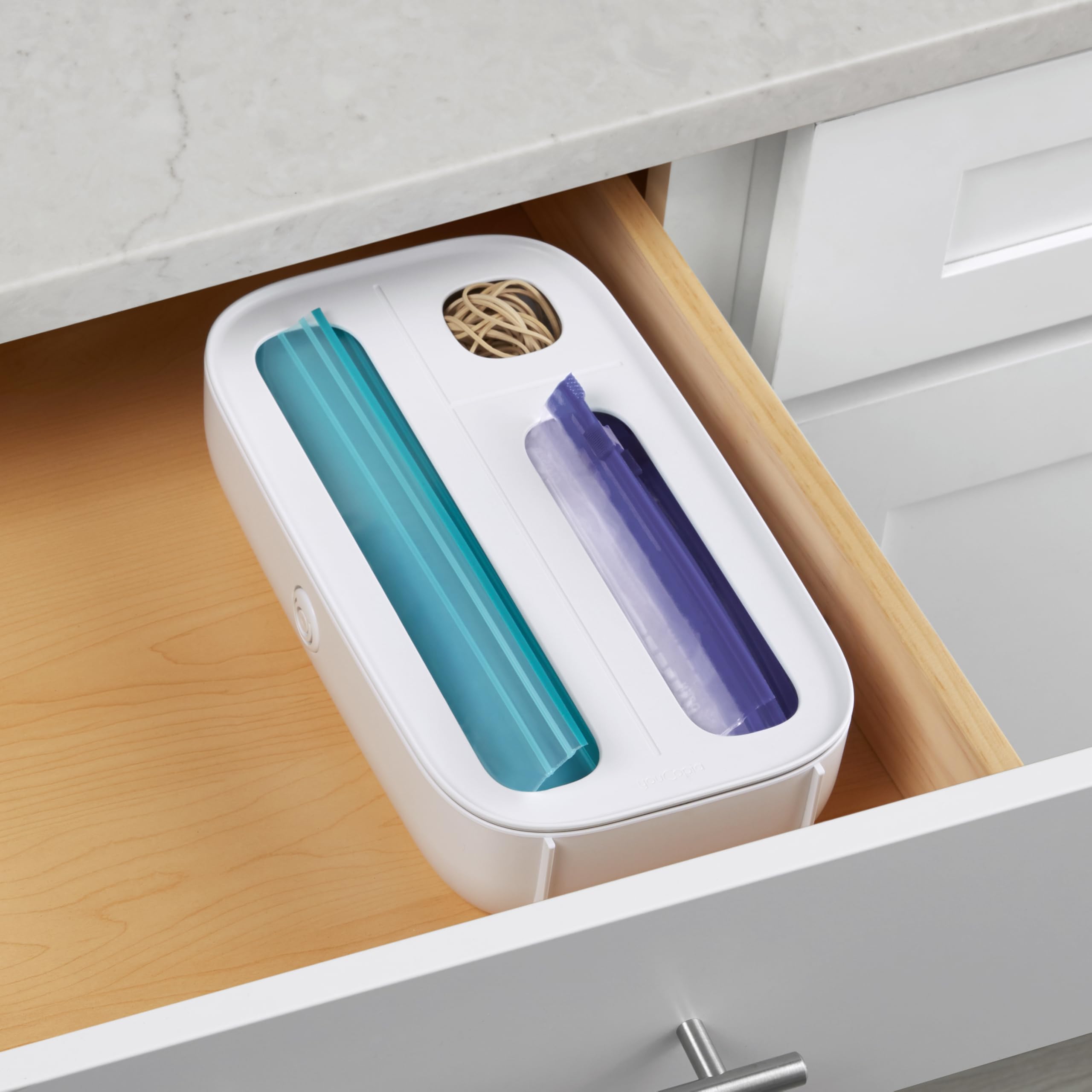 StoraBag Drawer Food Bags Dispenser, 4-Slot, Plastic Sandwich Bag Organizer for Kitchen Storage, White