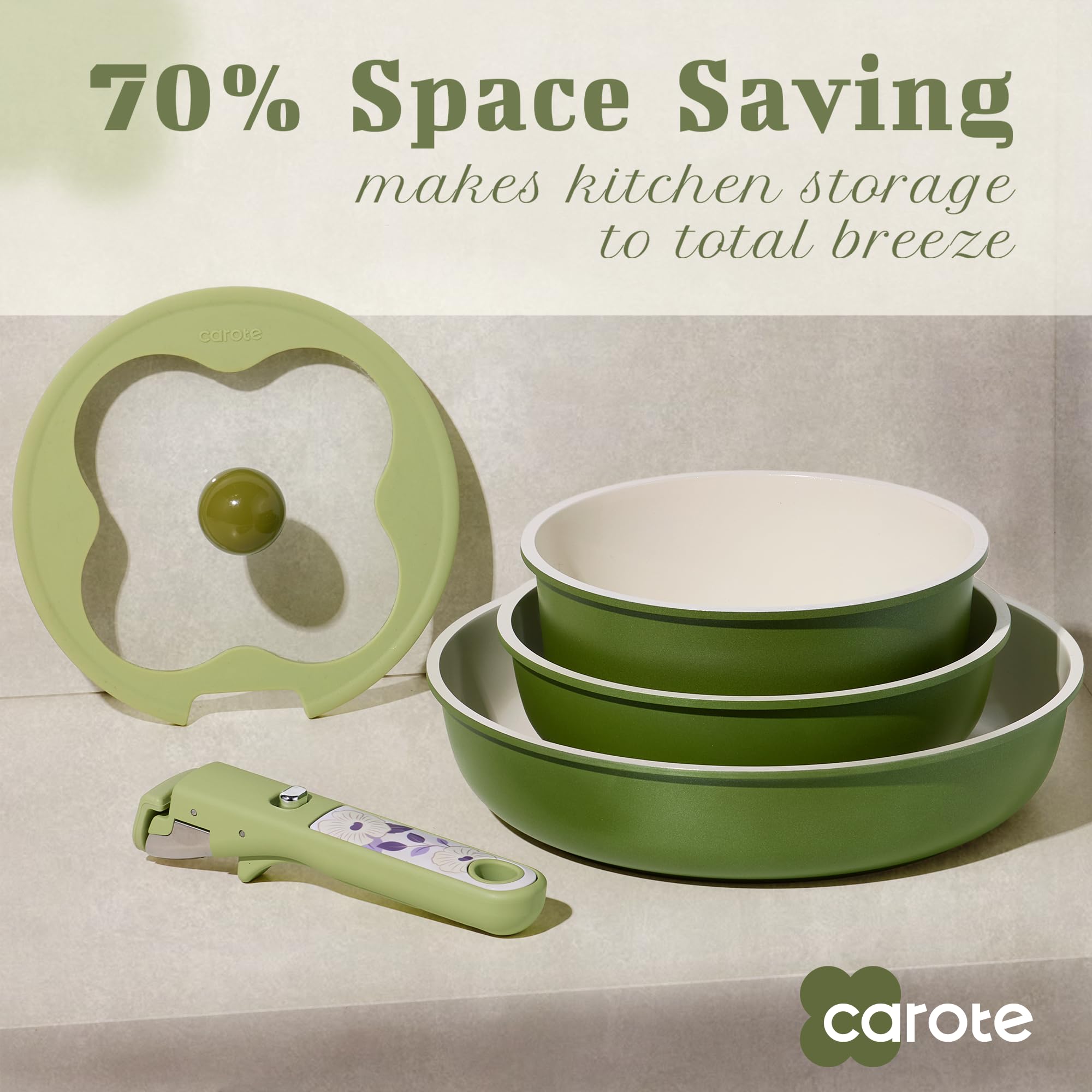 CAROTE Ceramic Pots and Pans Set Non Stick, Nonstick Kitchen Cookware Sets with Lid, Detachable Handle Sauté Pan Set, Non Toxic Frying Pan, Oven Safe, Induction Ready, Cream White