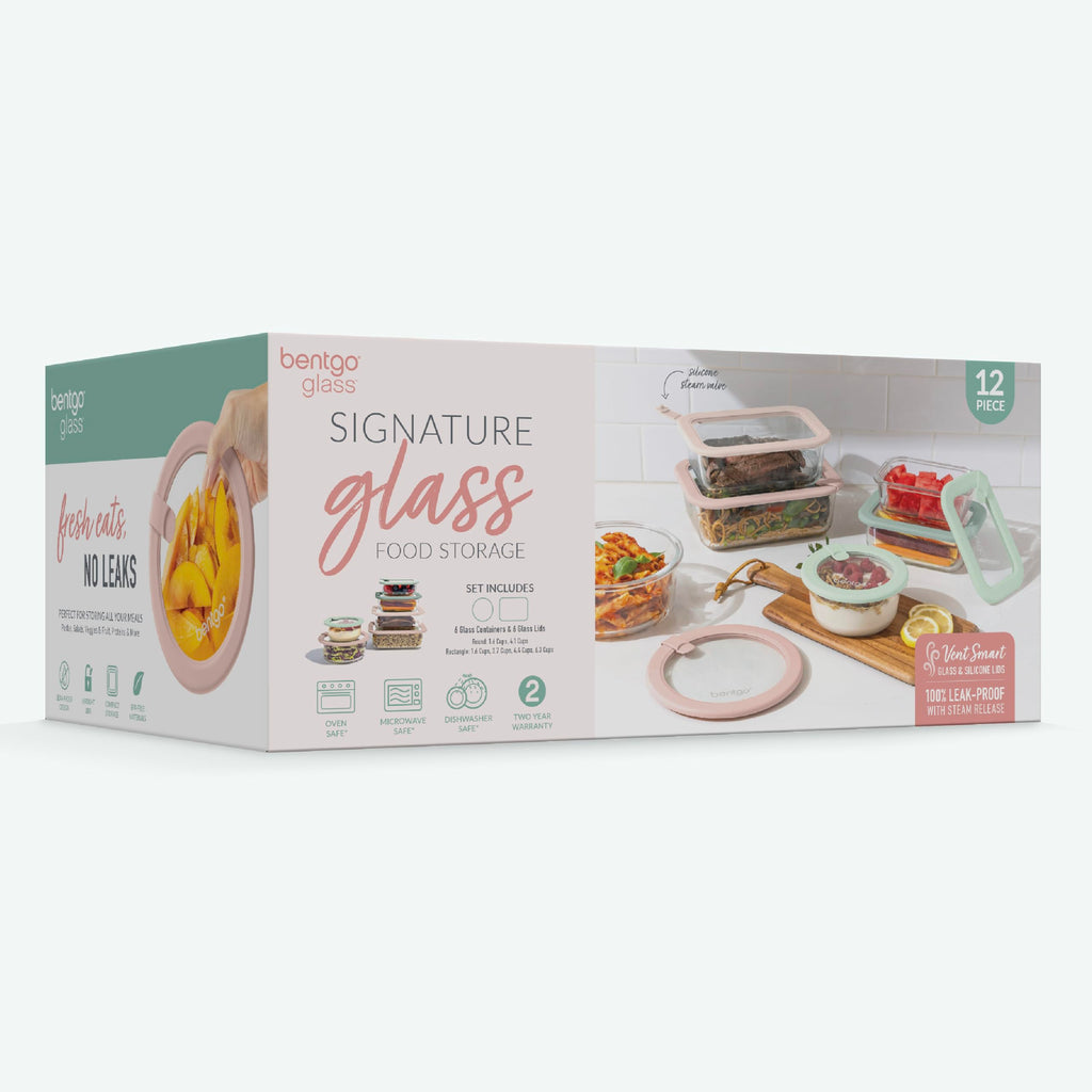 Bentgo Signature Leak-Proof Glass Food Storage - 12-Piece Set, 1-Compartment Meal Prep Plastic-Free Containers, Airtight Glass Lids, BPA-Free, Microwave, Freezer, Oven, Dishwasher Safe (Desert Sage)