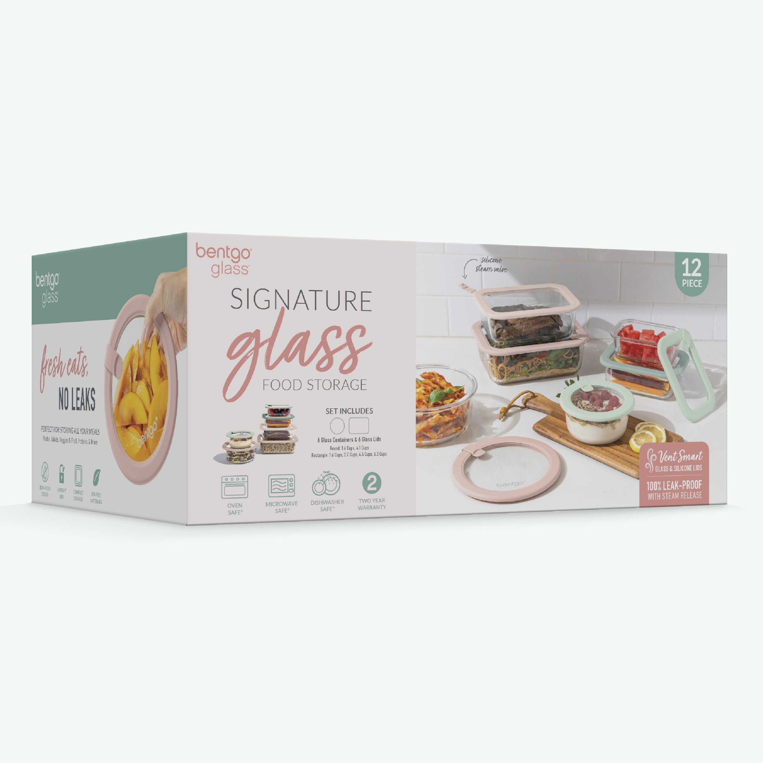 Bentgo Signature Leak-Proof Glass Food Storage - 12-Piece Set, 1-Compartment Meal Prep Plastic-Free Containers, Airtight Glass Lids, BPA-Free, Microwave, Freezer, Oven, Dishwasher Safe (Desert Sage)