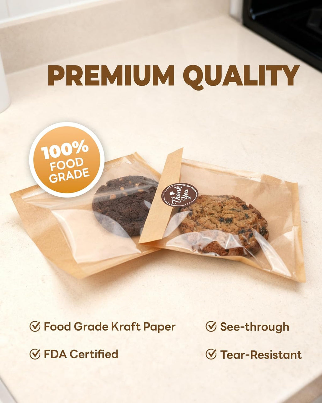 100PCS Cookie Bags with Seal, 5.7x6.5 Inch Individual Cookie Packaging Bags for Gift Giving, Heat Sealable & Grease Proof Bakery Bag with Window, Baked Goods Packaging