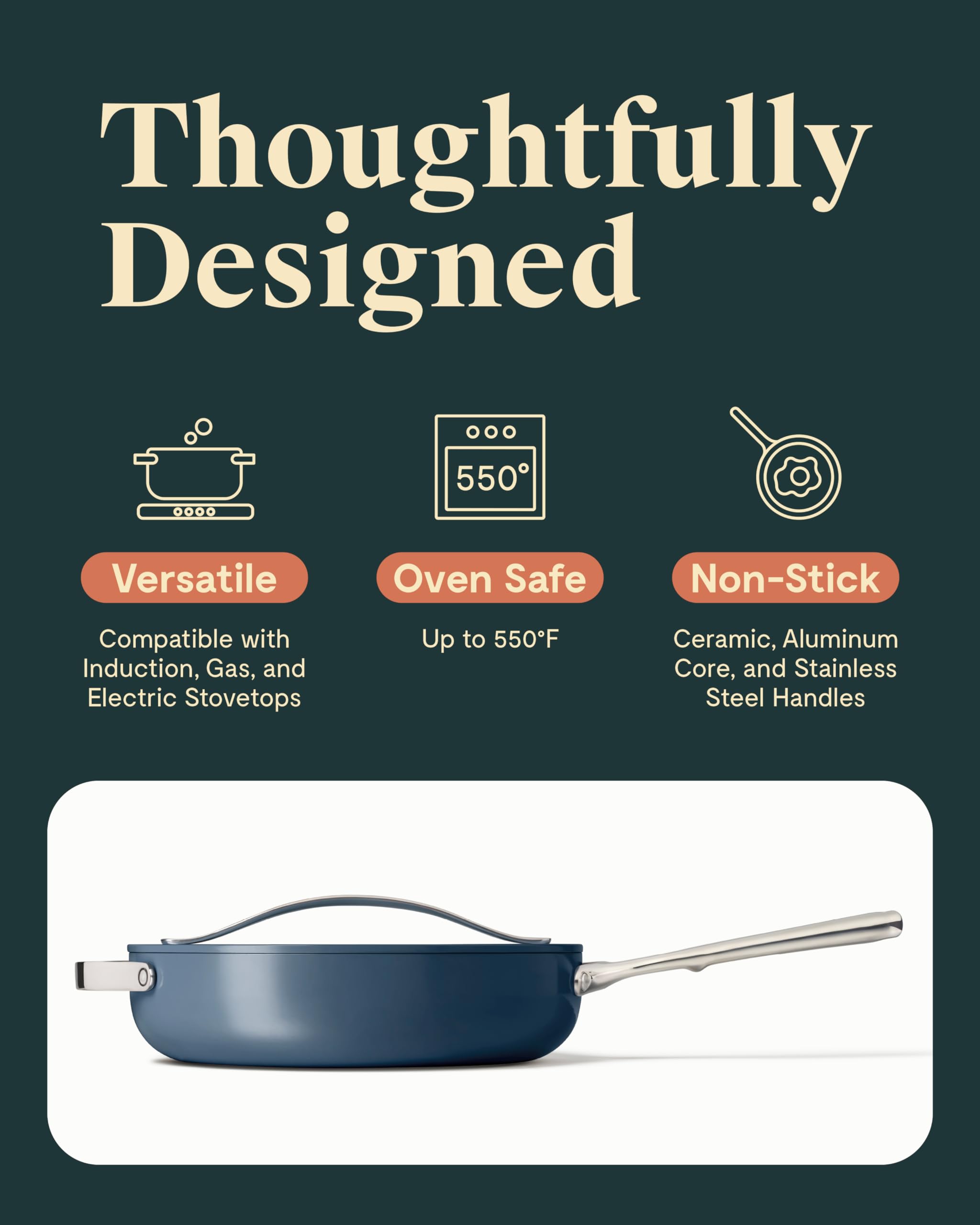 Caraway Nonstick Ceramic Sauté Pan with Lid (4.5 qt, 11.8") - Non Toxic, PTFE & PFOA Free - Oven Safe & Compatible with All Stovetops (Gas, Electric & Induction) - Cream