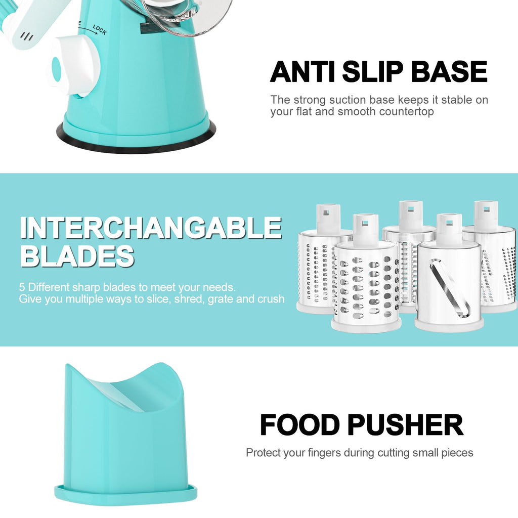 Cambom 5 in 1 Rotary Cheese Grater Hand Crank Cheese Shredder for Fresh Cheese, Vegetable, Nuts,Non-slip Suction Base, Black